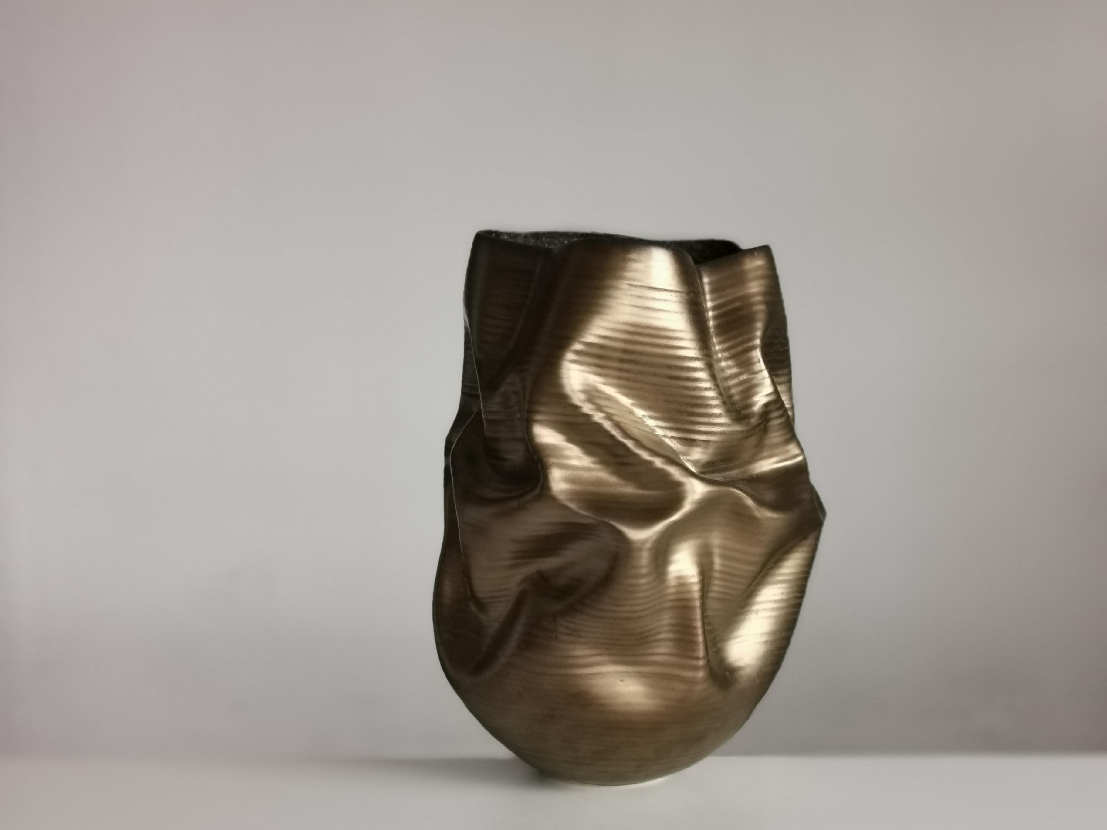 Other Gold Crumpled Form, Unique Ceramic Sculpture Vessel N.76