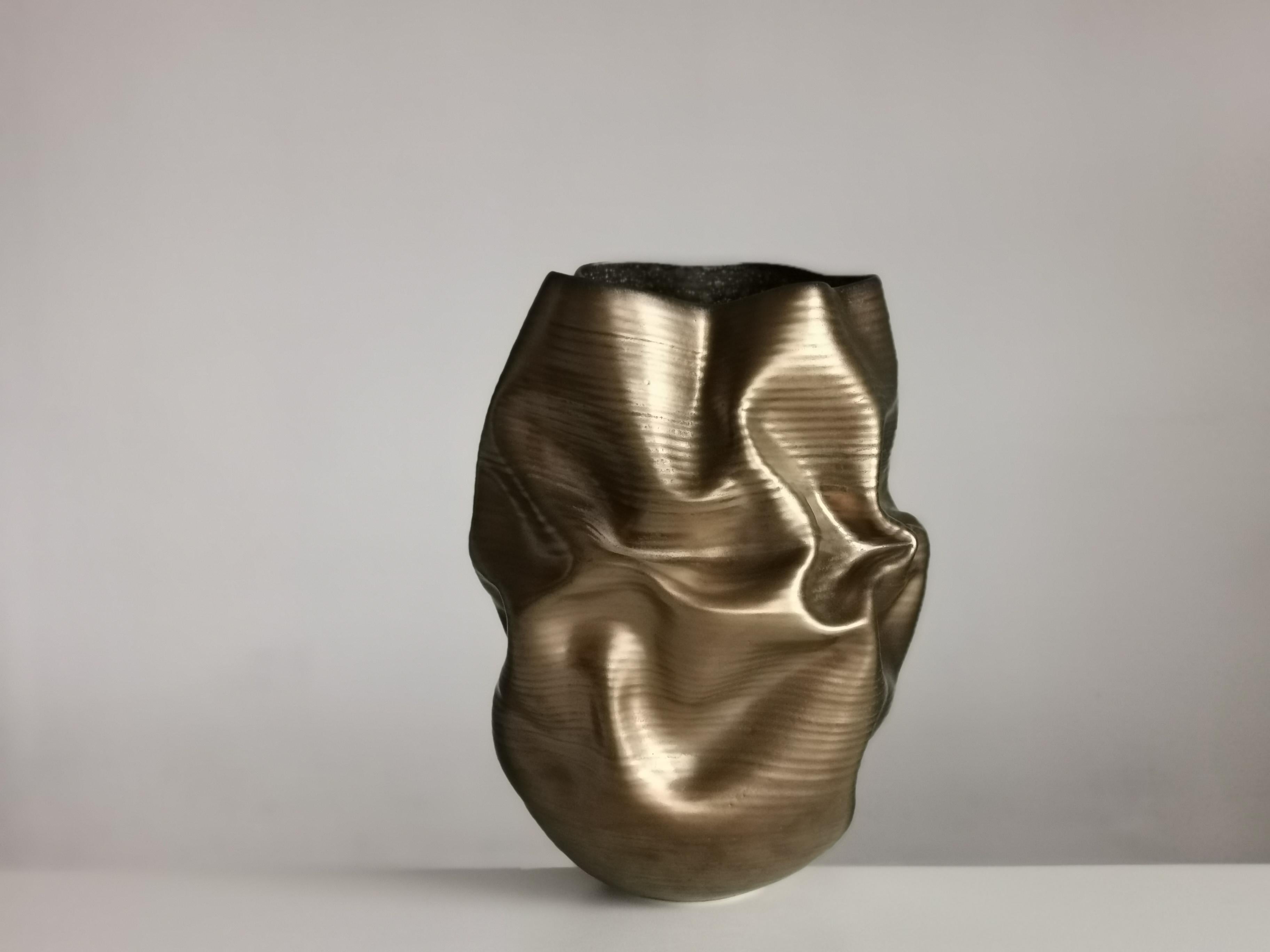 Gold Crumpled Form, Unique Ceramic Sculpture Vessel N.76 In New Condition In London, GB
