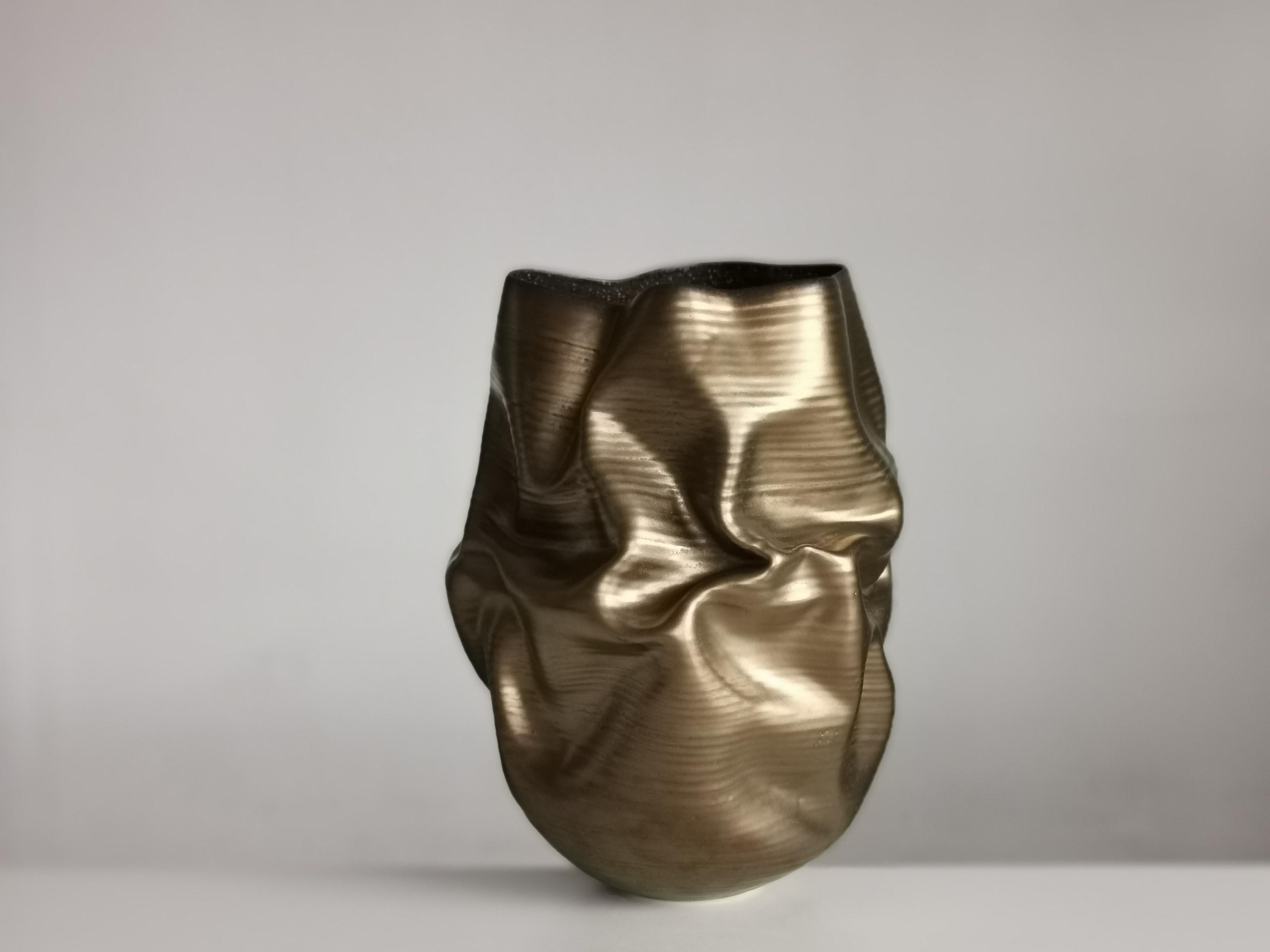 Contemporary Gold Crumpled Form, Unique Ceramic Sculpture Vessel N.76