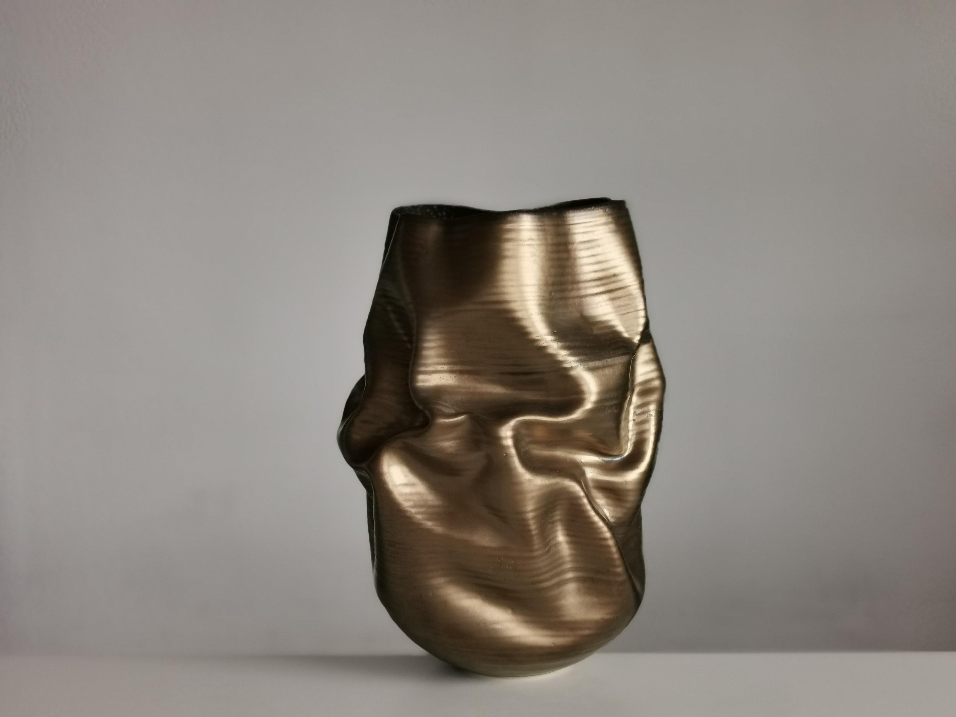 Clay Gold Crumpled Form, Unique Ceramic Sculpture Vessel N.76
