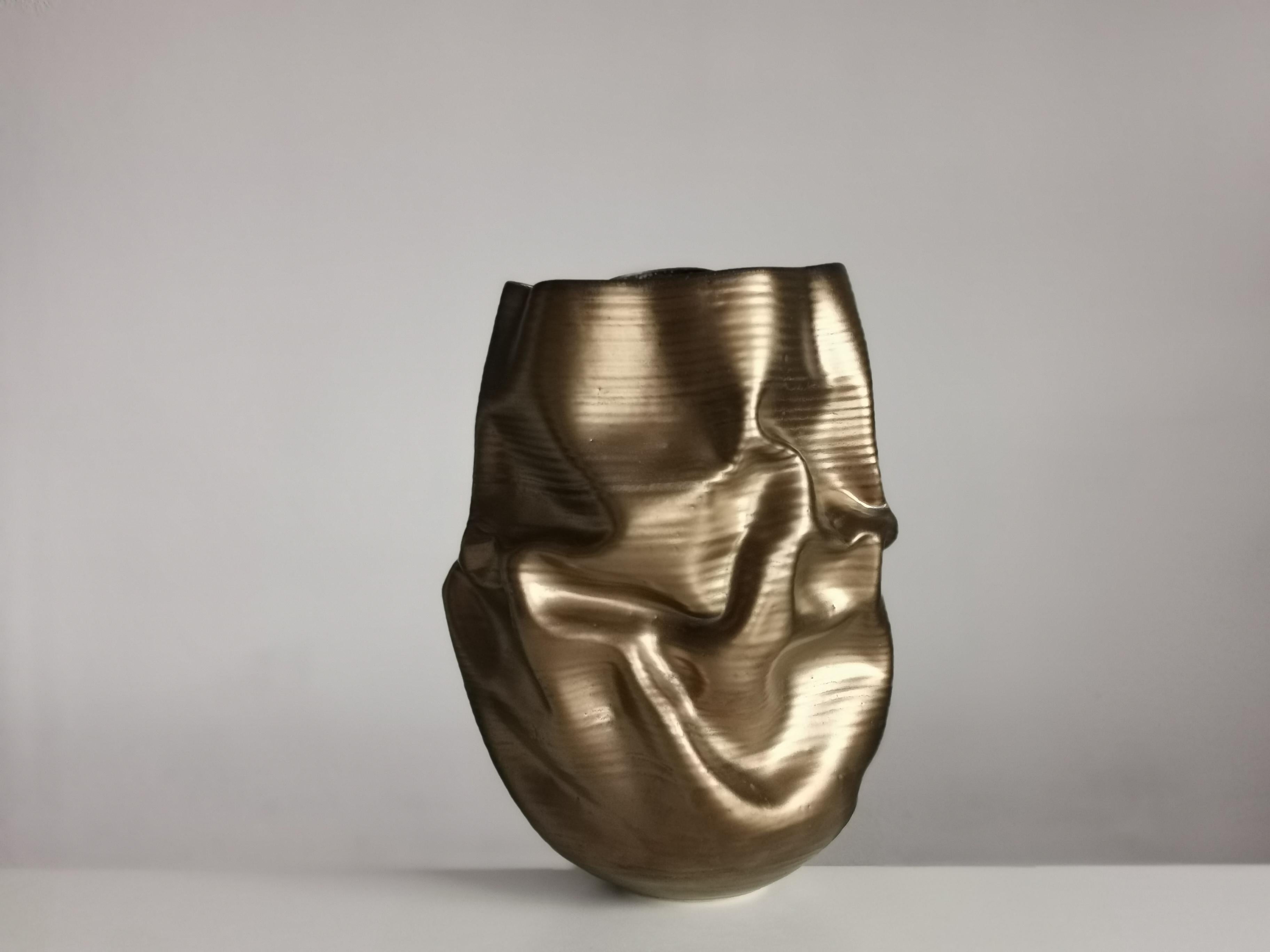 Gold Crumpled Form, Unique Ceramic Sculpture Vessel N.76 1