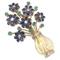 Grande broche à fleurs Giardinetto française en or, cristal et pierres précieuses serties