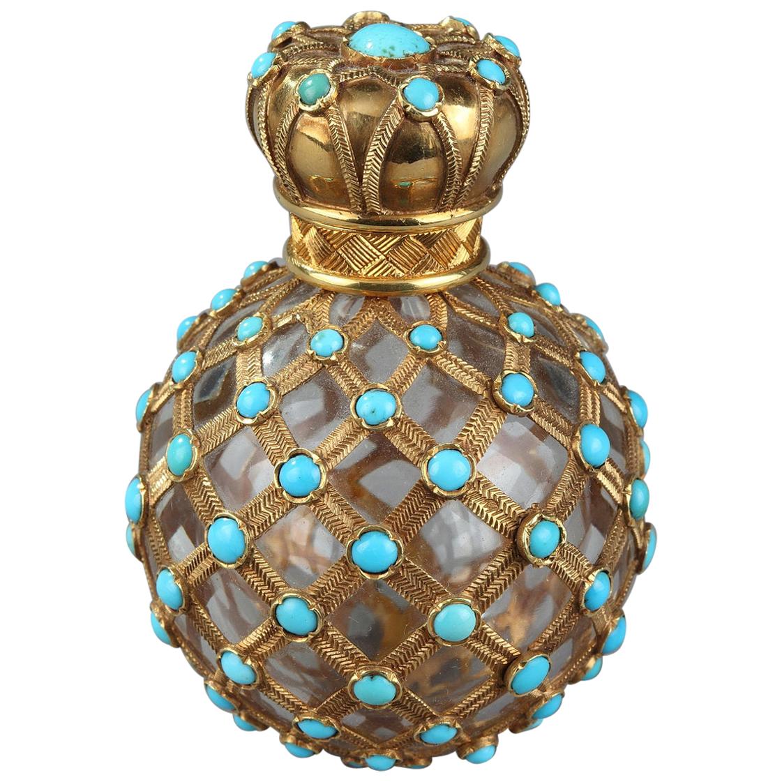 Parfümflask aus Gold, Kristall und Türkis aus der Restaurationszeit