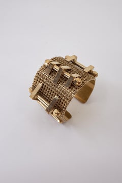Gold Cuff Sculptural Bracelet Brutalist Mesh Studs Vintage