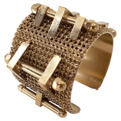 Gold Cuff Sculptural Bracelet Brutalist Mesh Studs Vintage