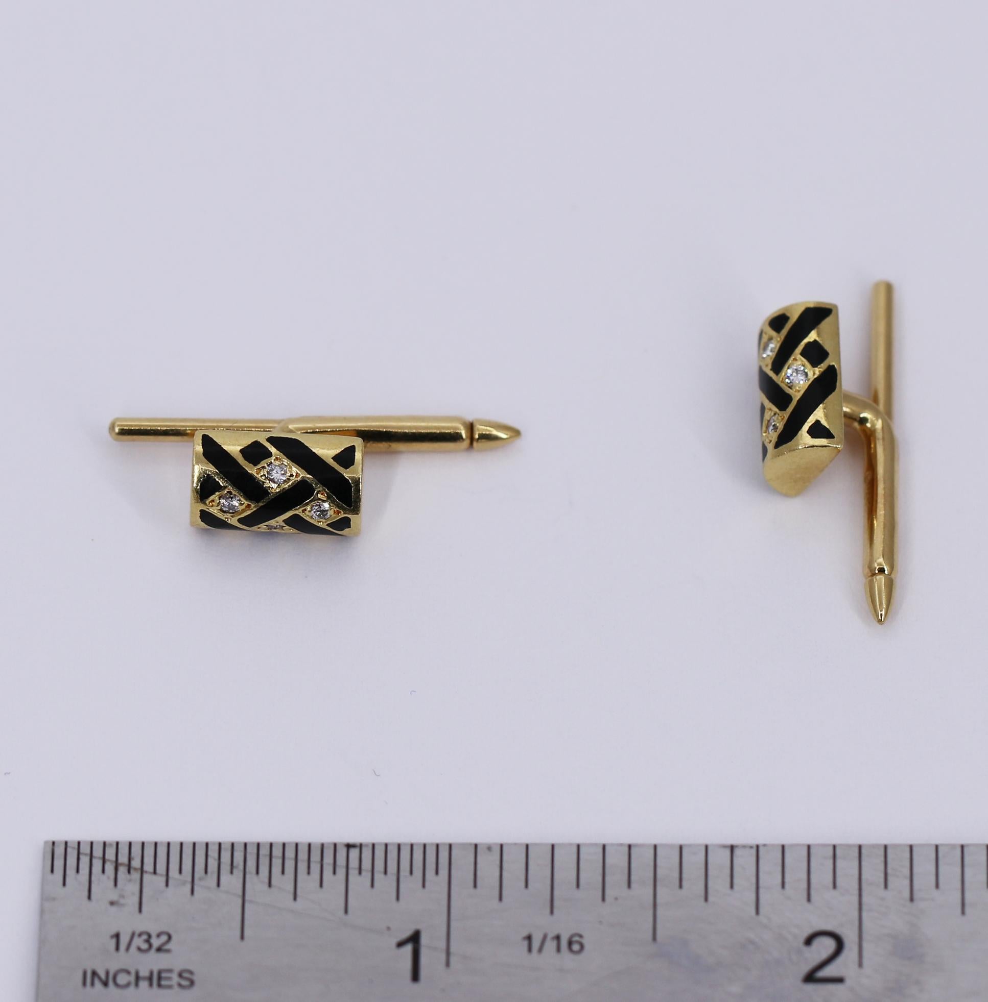 Gold Cufflink and Four Button Stud Set with Black Enamel and Diamonds 2