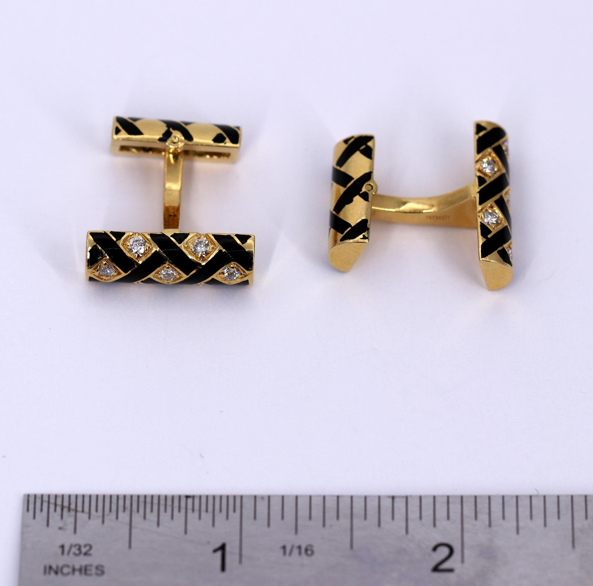 Gold Cufflink and Four Button Stud Set with Black Enamel and Diamonds 3