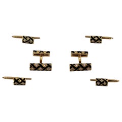 Gold Cufflink and Four Button Stud Set with Black Enamel and Diamonds