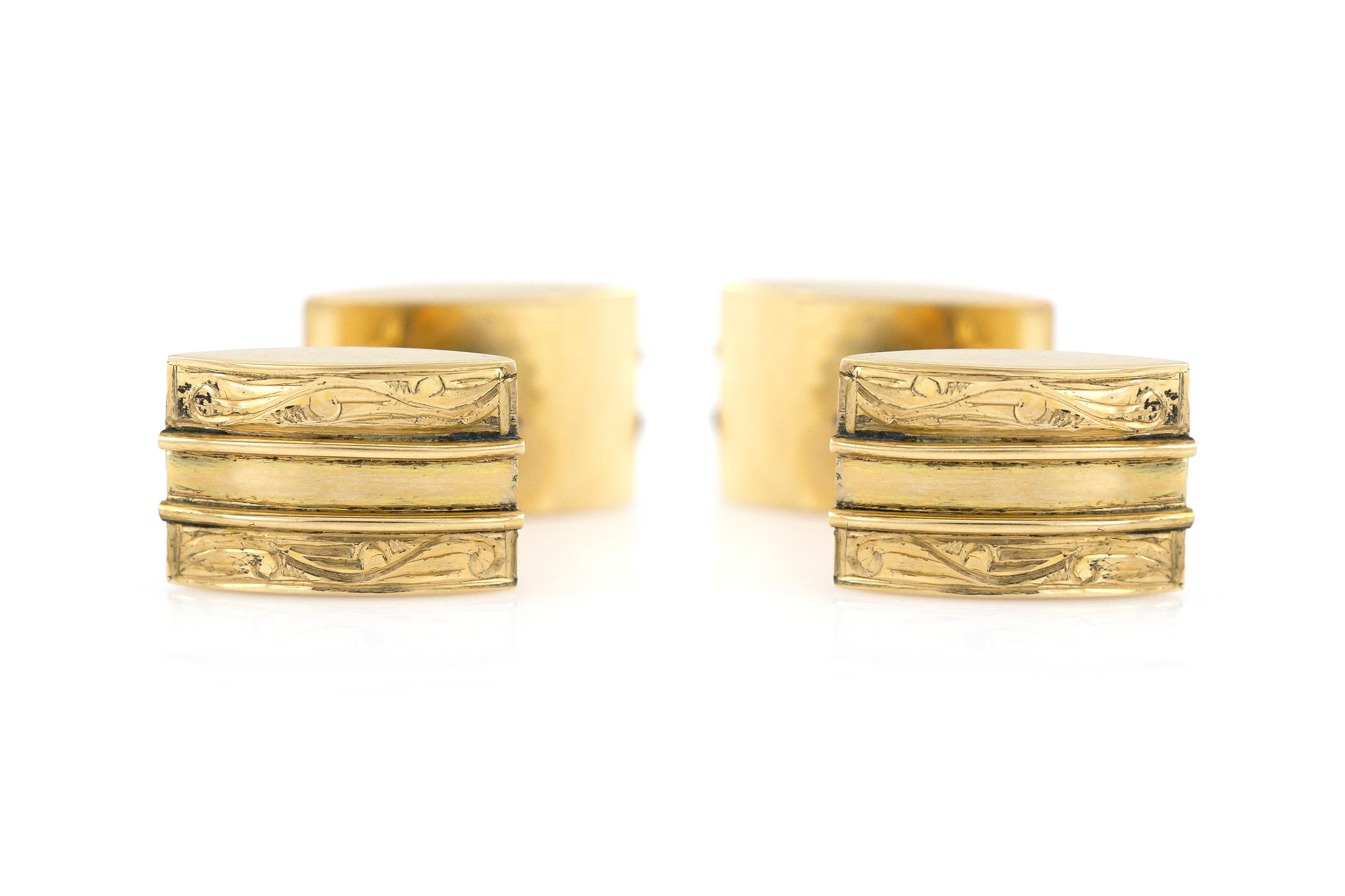 Cufflinks finely crafted in 14k yellow gold weighing a total of 8 dwt., size of each cufflink is 1 inch. Circa 1980.