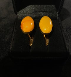 Gold Cufflinks with Honey Amber Cabochons, Mid-20th Century