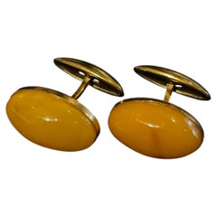 Gold Cufflinks with Honey Amber Cabochons, Mid-20th Century