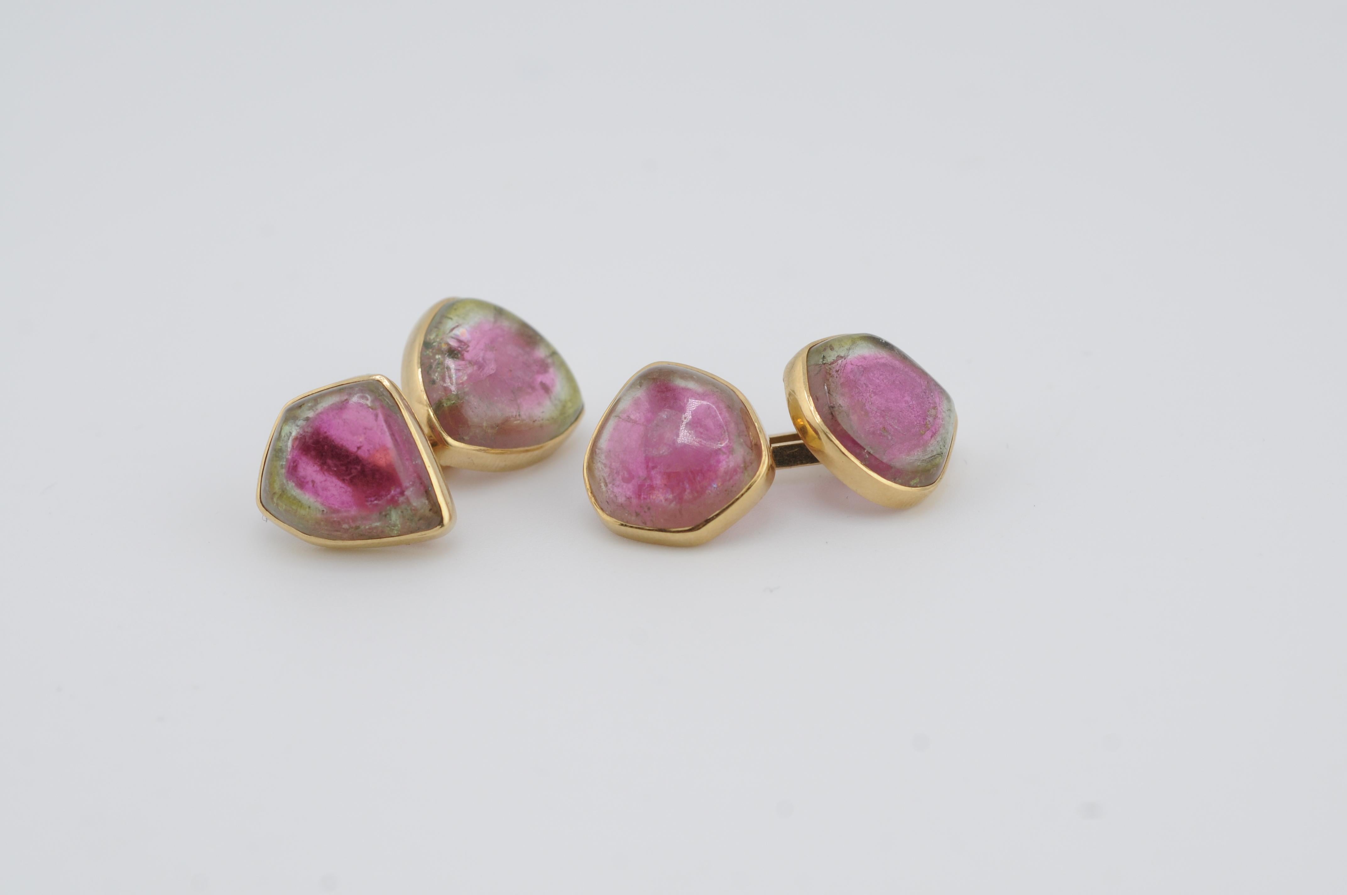 Boutons de manchette en or avec cristaux de tourmaline bicolore naturelle melon d'eau Bon état - En vente à Berlin, BE