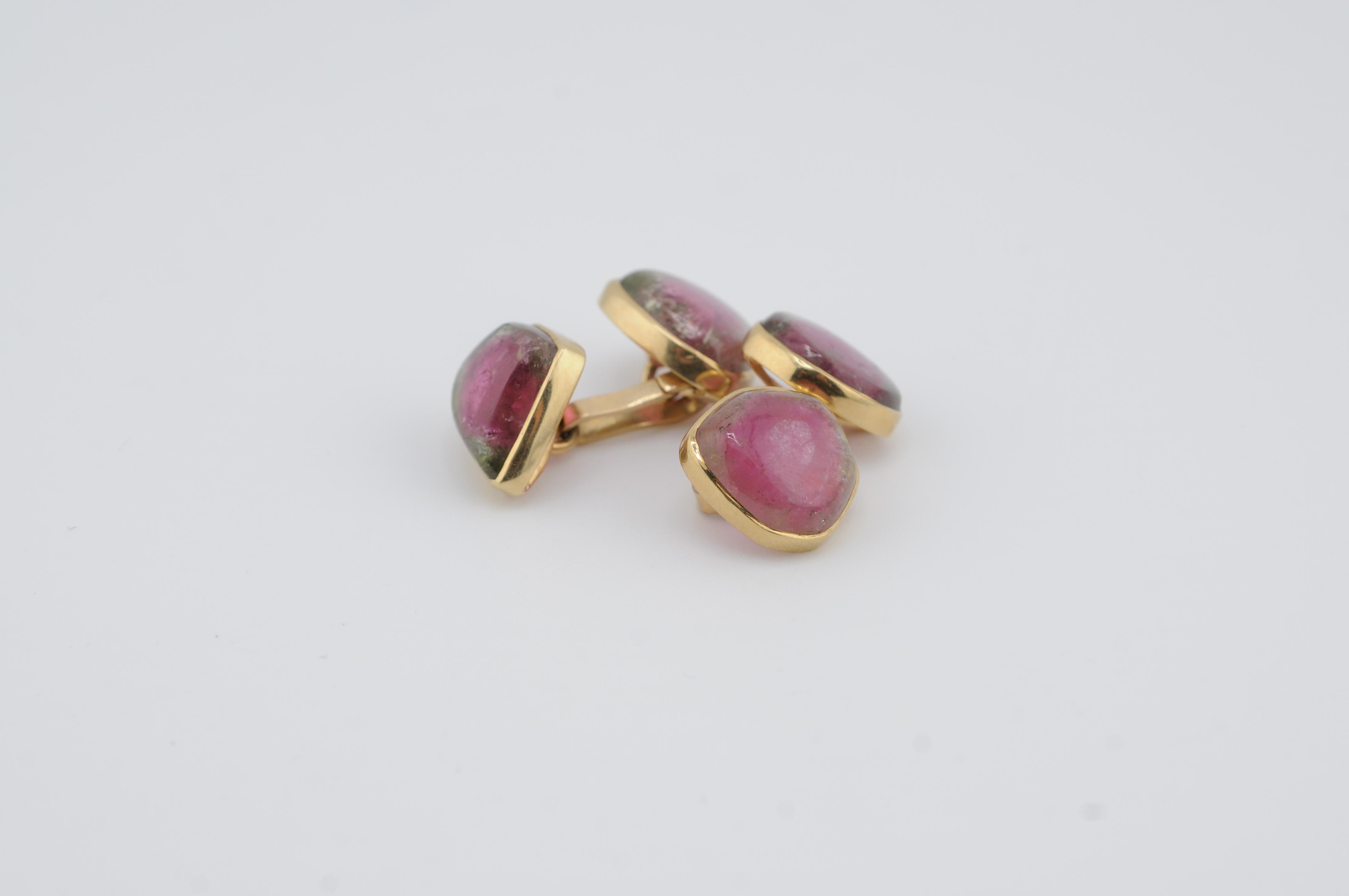Boutons de manchette en or avec cristaux de tourmaline bicolore naturelle melon d'eau Unisexe en vente