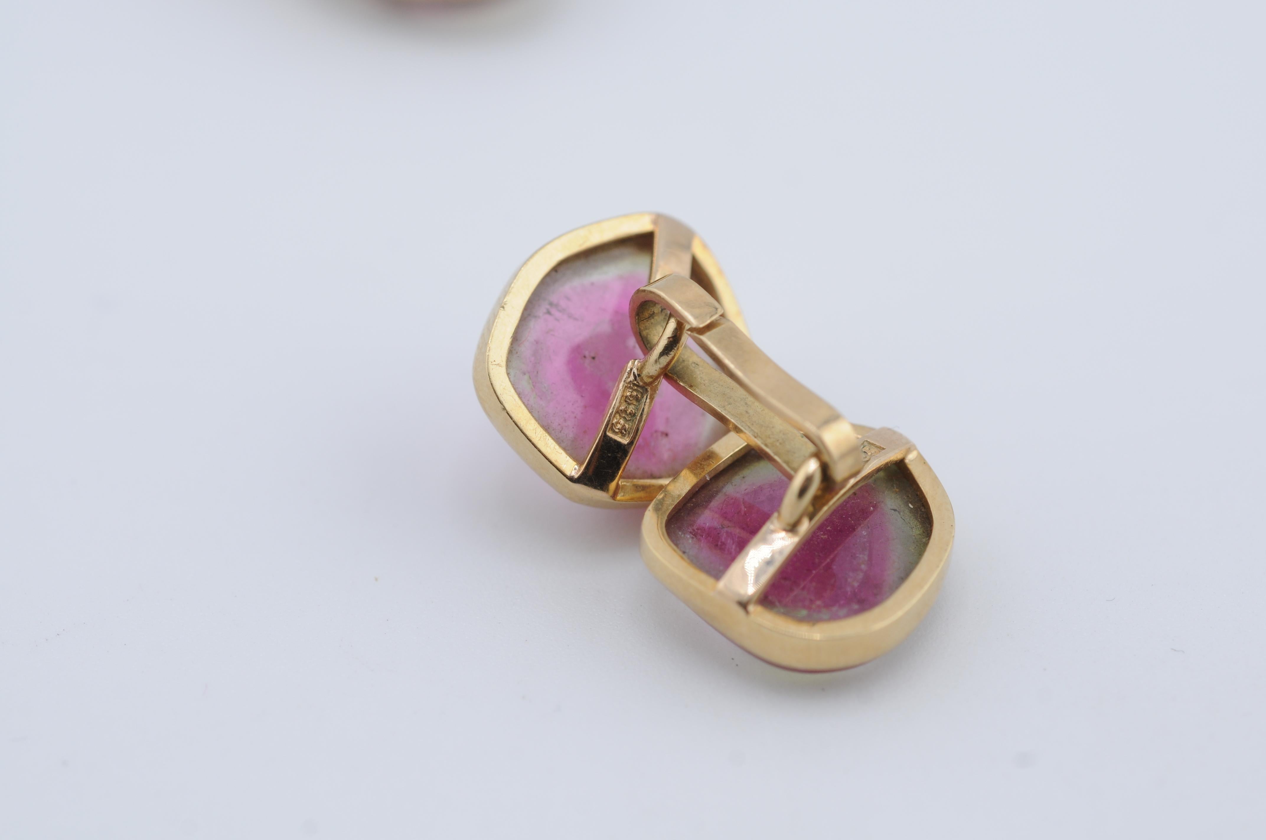Boutons de manchette en or avec cristaux de tourmaline bicolore naturelle melon d'eau en vente 2
