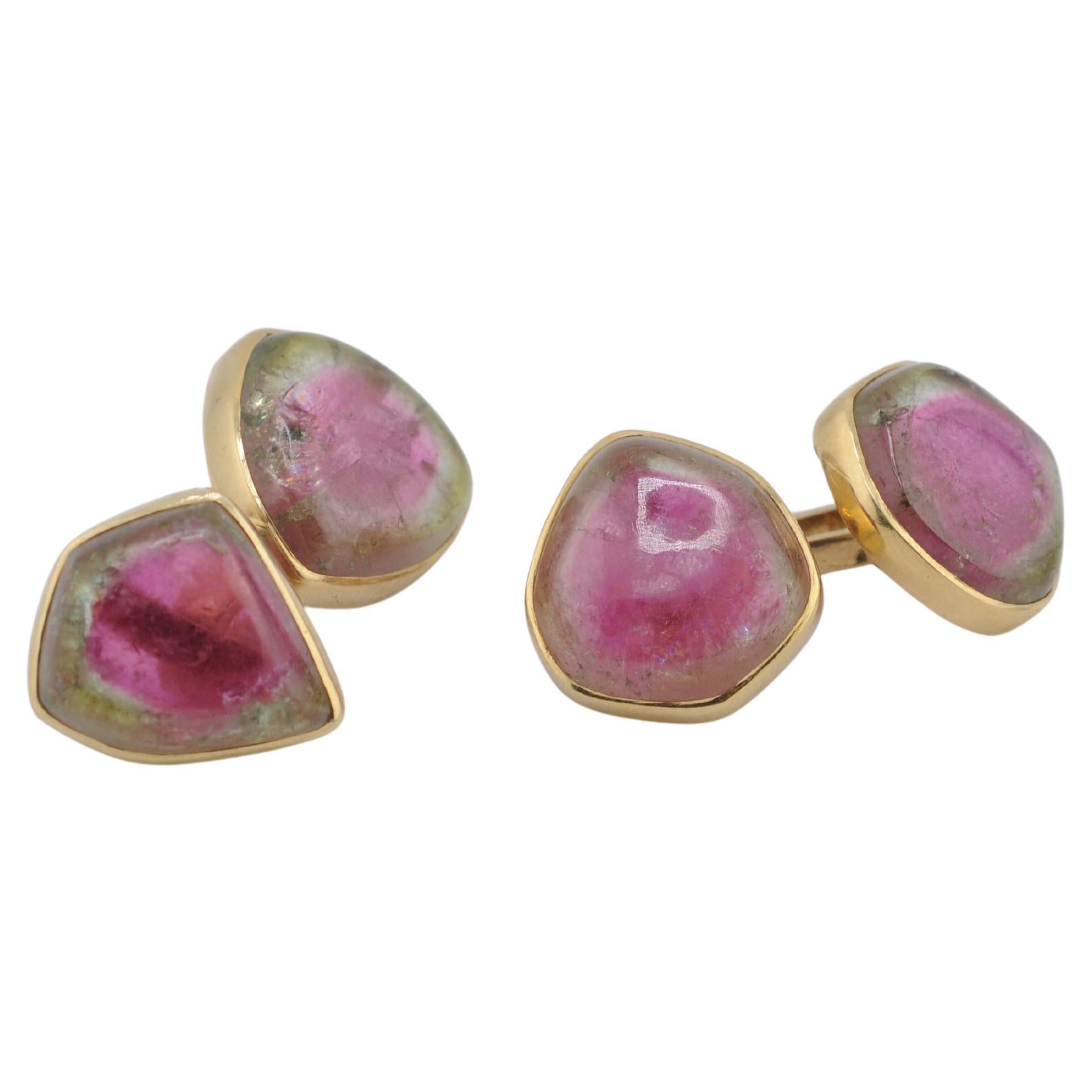 Boutons de manchette en or avec cristaux de tourmaline bicolore naturelle melon d'eau en vente