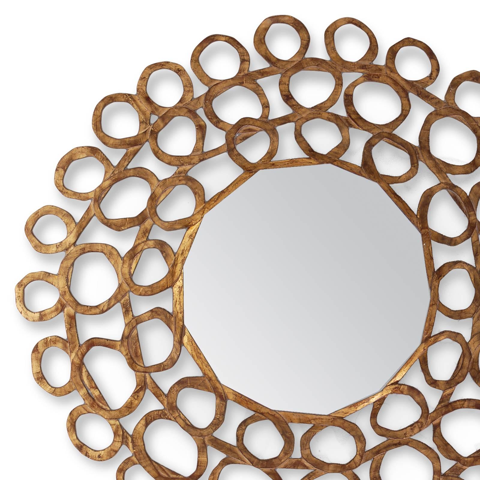 Mirror gold curls with hand-carved structure in solid 
wood hand-painted with old gold finish. With center
mirror glass. In L 134 x D 04 x H 134cm, price 7900,00€
Also available in L 112 x D 04 x H 112cm, price 6900,00€.