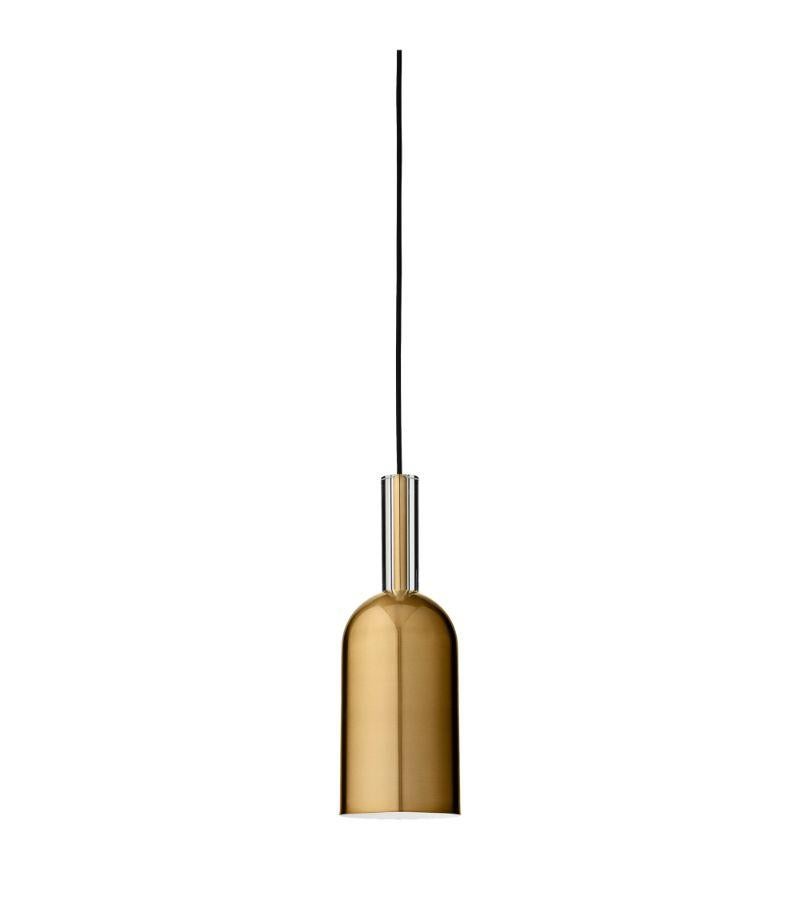 Gold cylinder pendant lamp 
Dimensions: Diameter 12 x H 35 cm 
Materials: Glass, Iron w. Brass Plating & Powder Coating.
Details: For all lamps, the recommended light source is E27 max 25W&220/240 voltage. We recommend LED in order to avoid