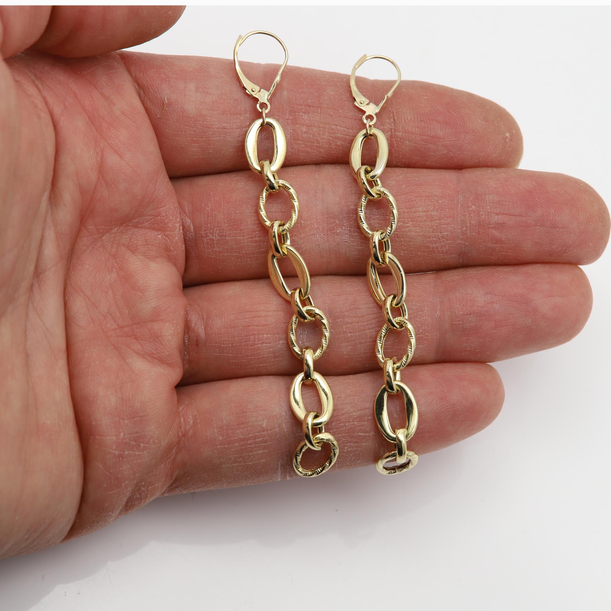 Gold Dangle Earrings 3' inch long 14 Karat Artistic Design Dangling Earring For Sale 1
