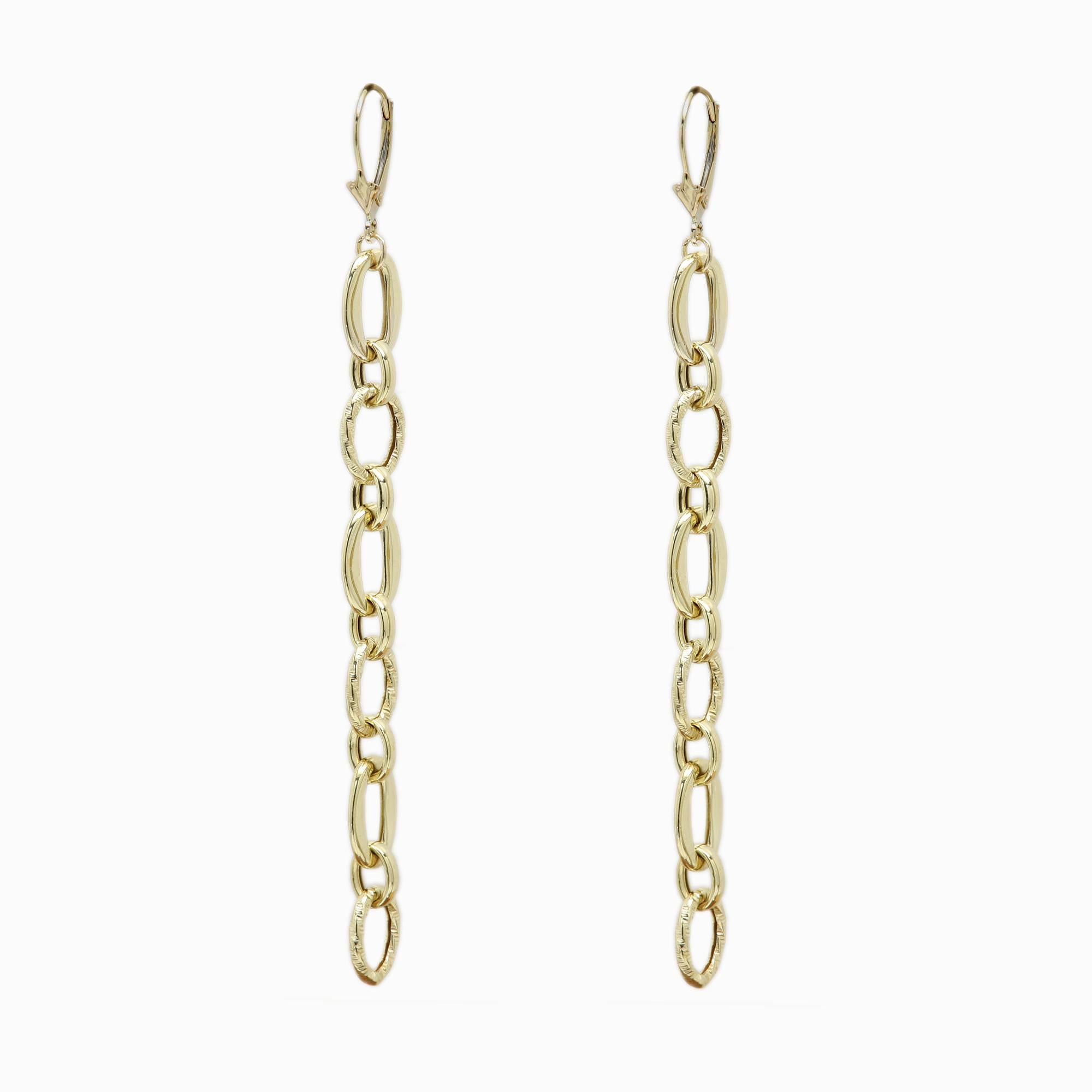 Gold Dangle Earrings 3' inch long 14 Karat Artistic Design Dangling Earring For Sale 3