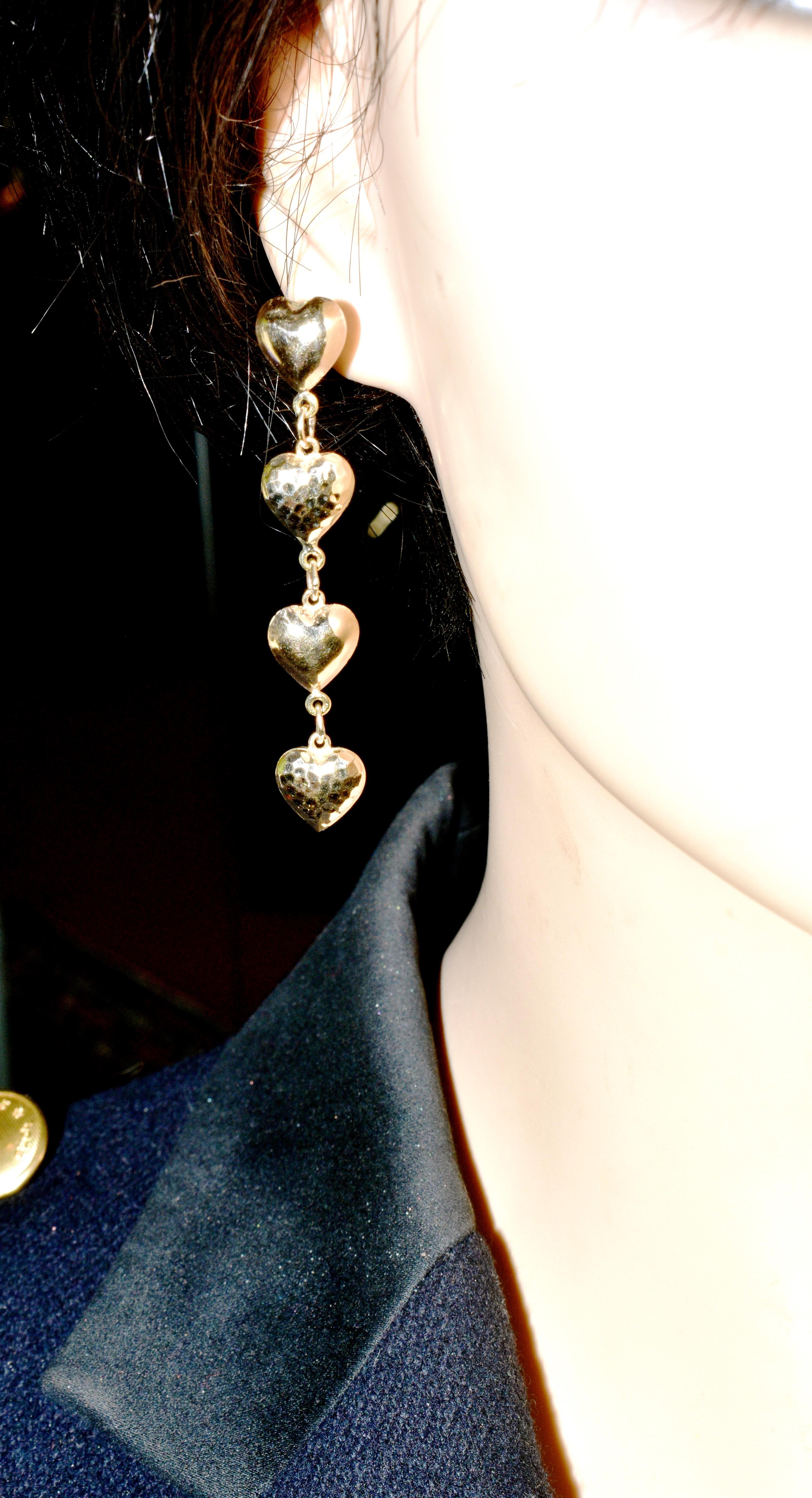 Women's or Men's Gold Dangling Heart Motif Contemporary Earrings