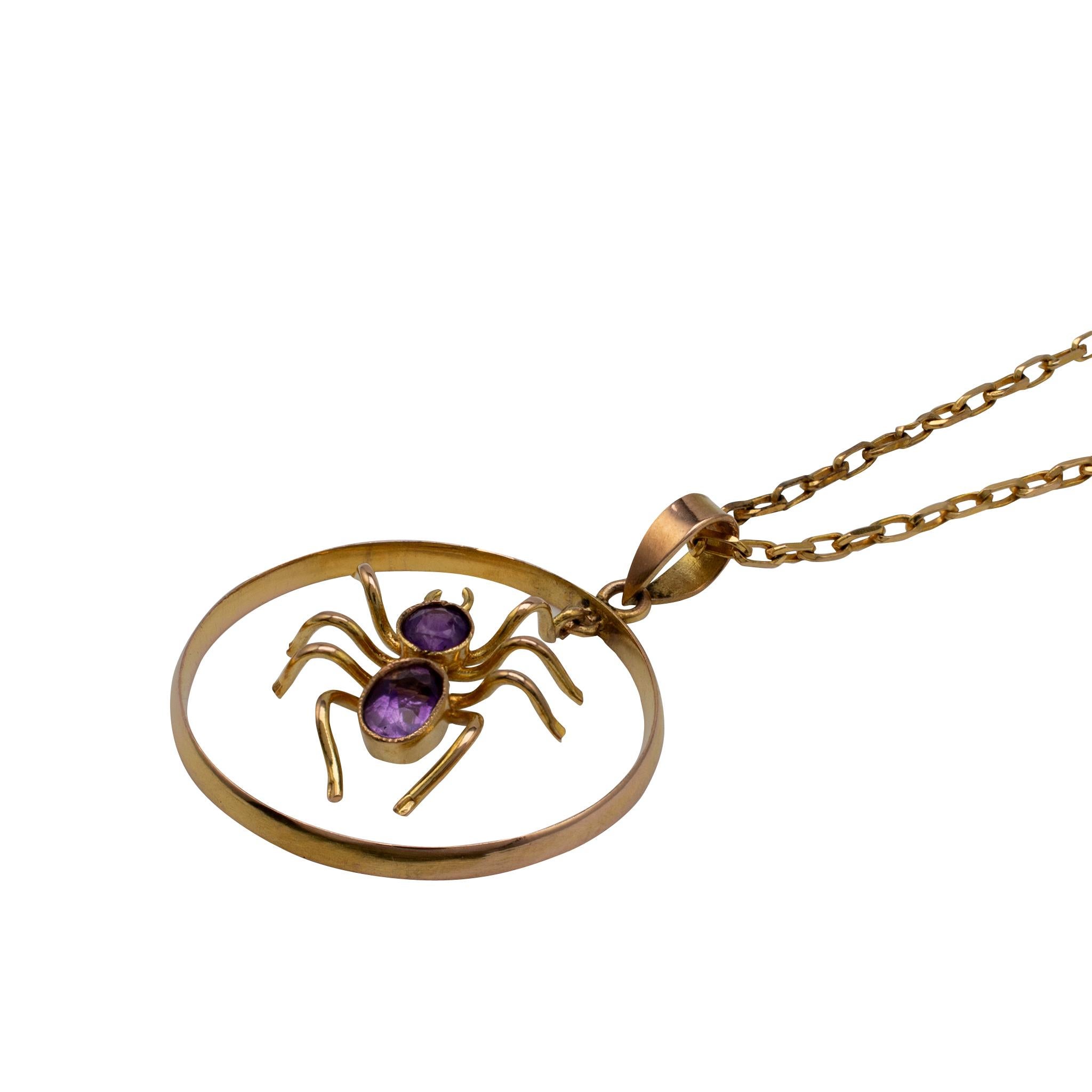 This fantastic spider insect pendant necklace comes complete with 16-inch gold chain. The antique-inspired piece features a dangling spider bezel set with oval and round cut amethyst gemstones.

Presented in very good condition with a neat