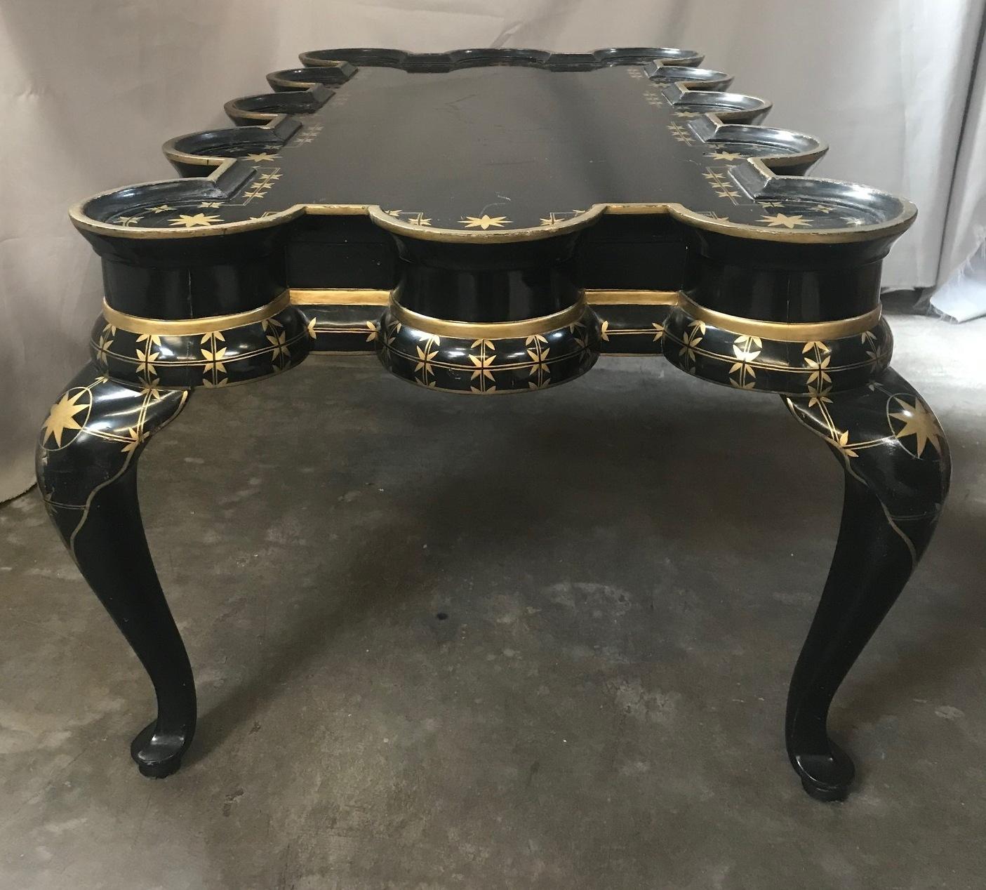Hand-Painted Gold Decorated Black Lacquer Coffee Table