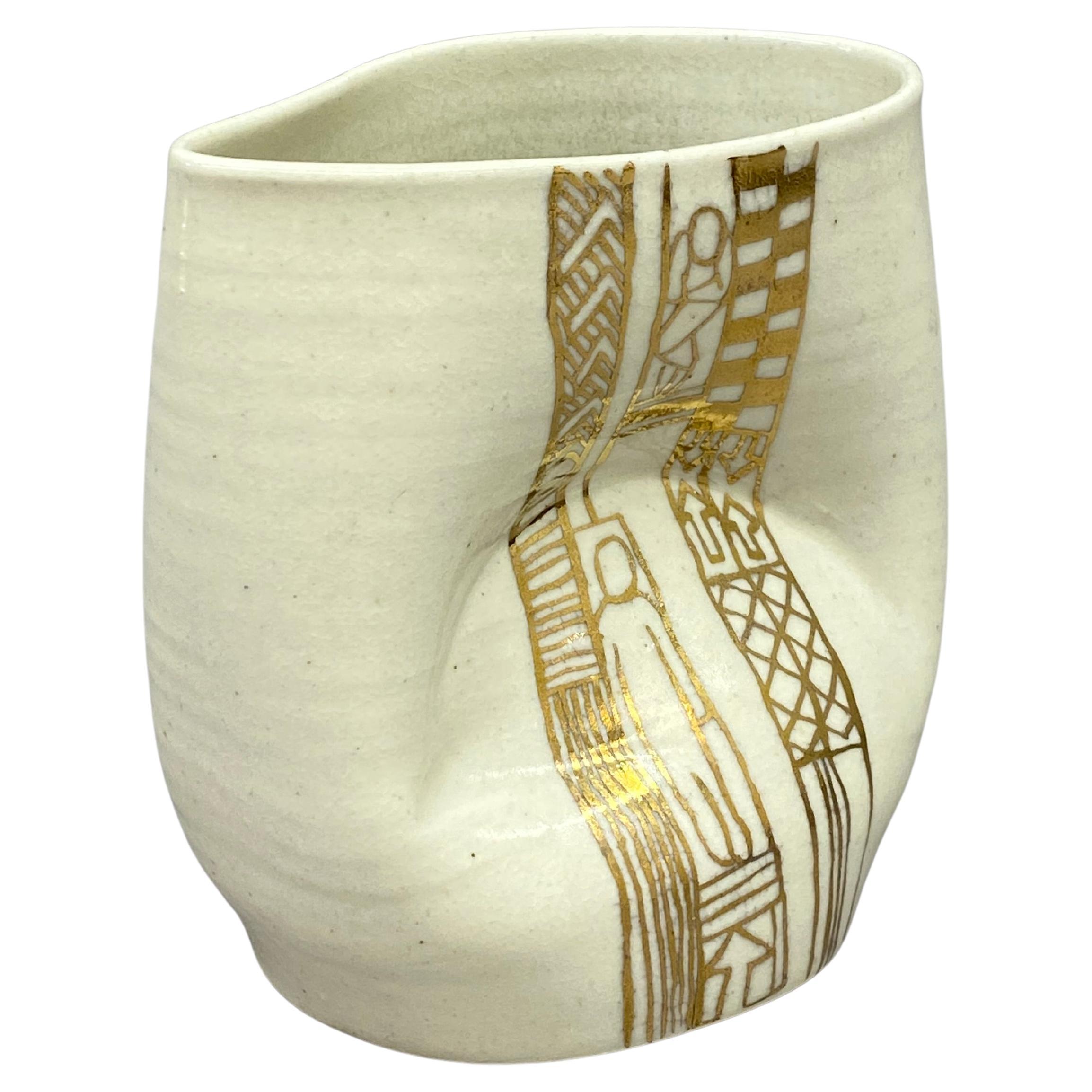 Gold Decorated Pinched Pottery Vase, Signed JTN 1979