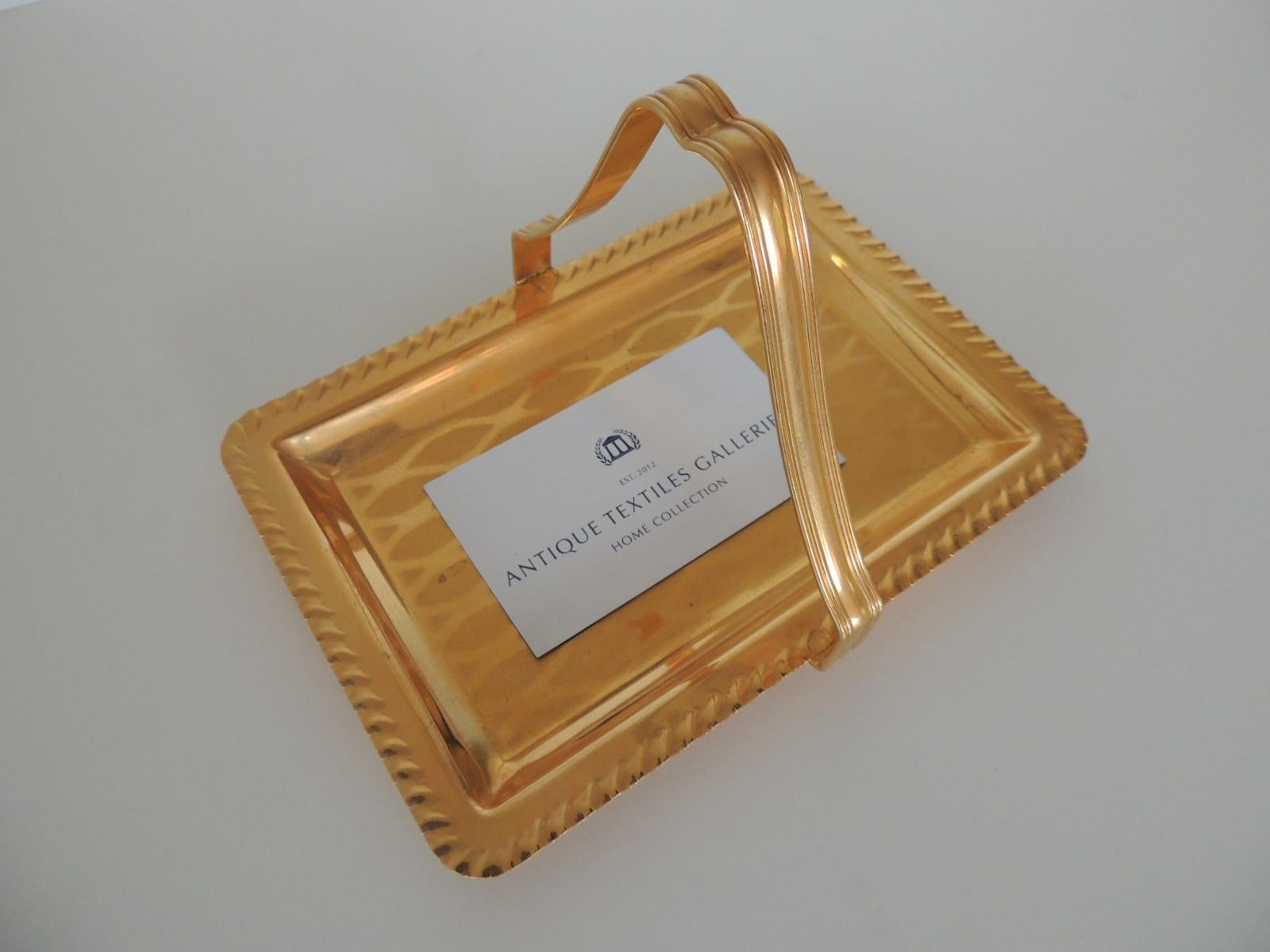Gold desk business card holder or Tray with Handle
Trellis pattern design inset and pinched border around the tray.
Size: 4.3/4