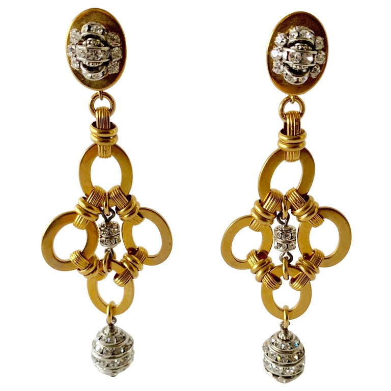 Gold Diamanté Chandelier Statement Earrings For Sale