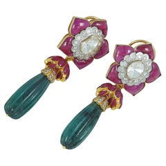 Gold diamond 51 carats emerald ruby earrings, long carved emerald ruby earrings