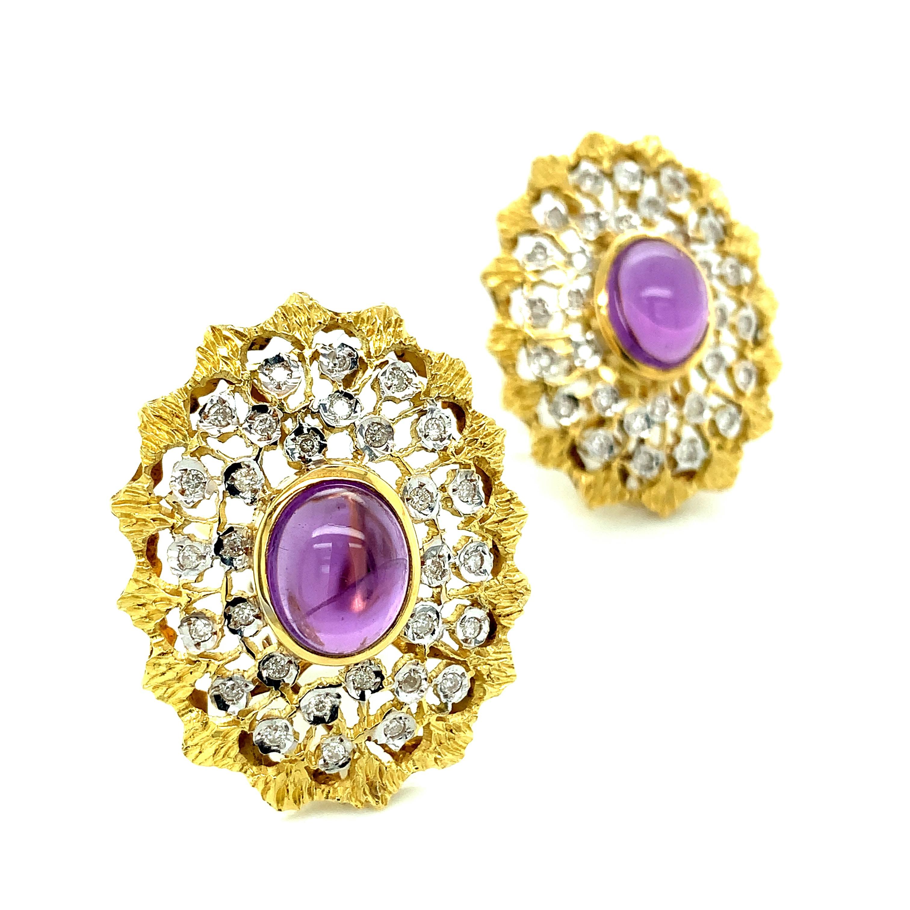 Cabochon Gold Diamond Amethyst Earrings For Sale