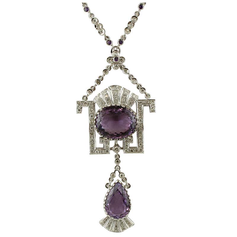 Gold Diamond Amethyst Pendant Necklace For Sale at 1stDibs