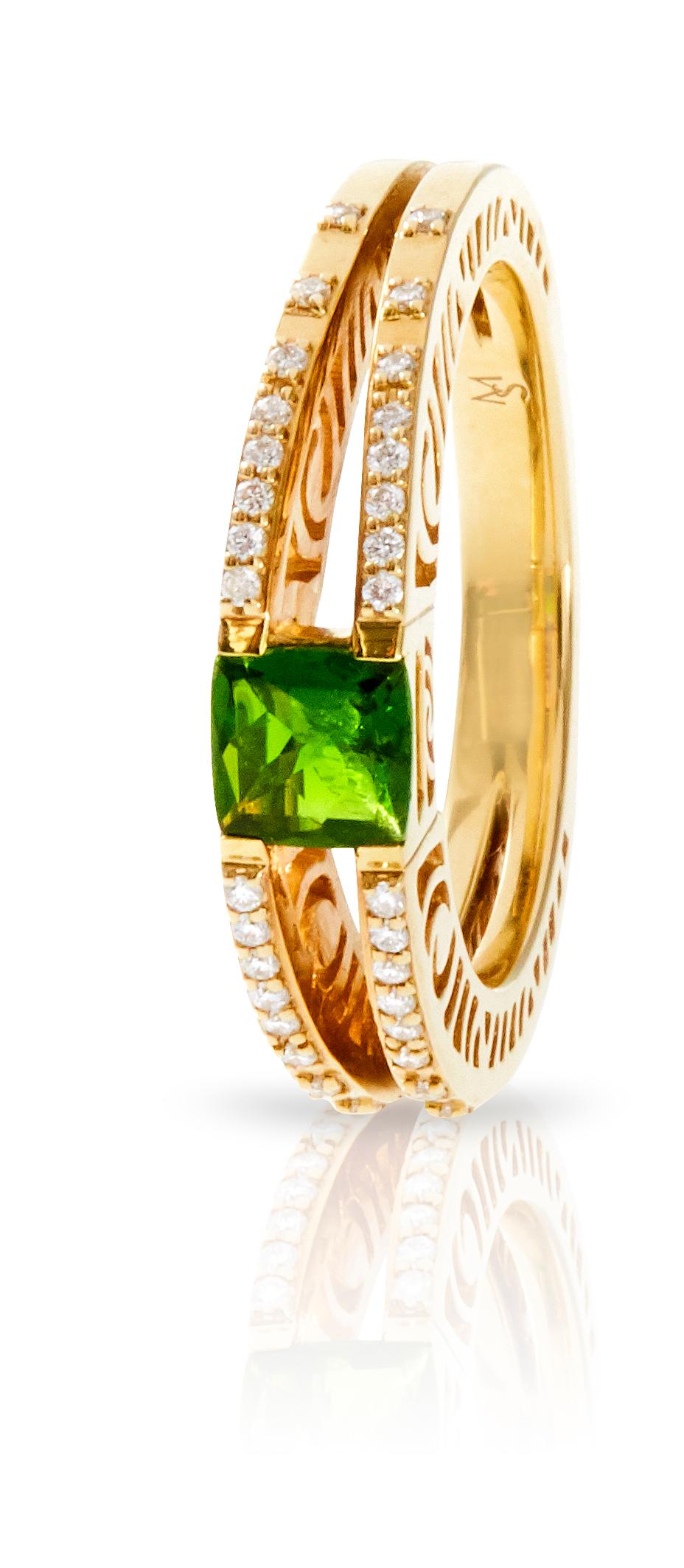 This special Shooting Stars Split Shank ring is made in 14k yellow gold. It is high polished, 5 mm wide at the top and set with a  5mm square Chrome Tourmaline and diamond melee.  The sides have the pierced, signature 