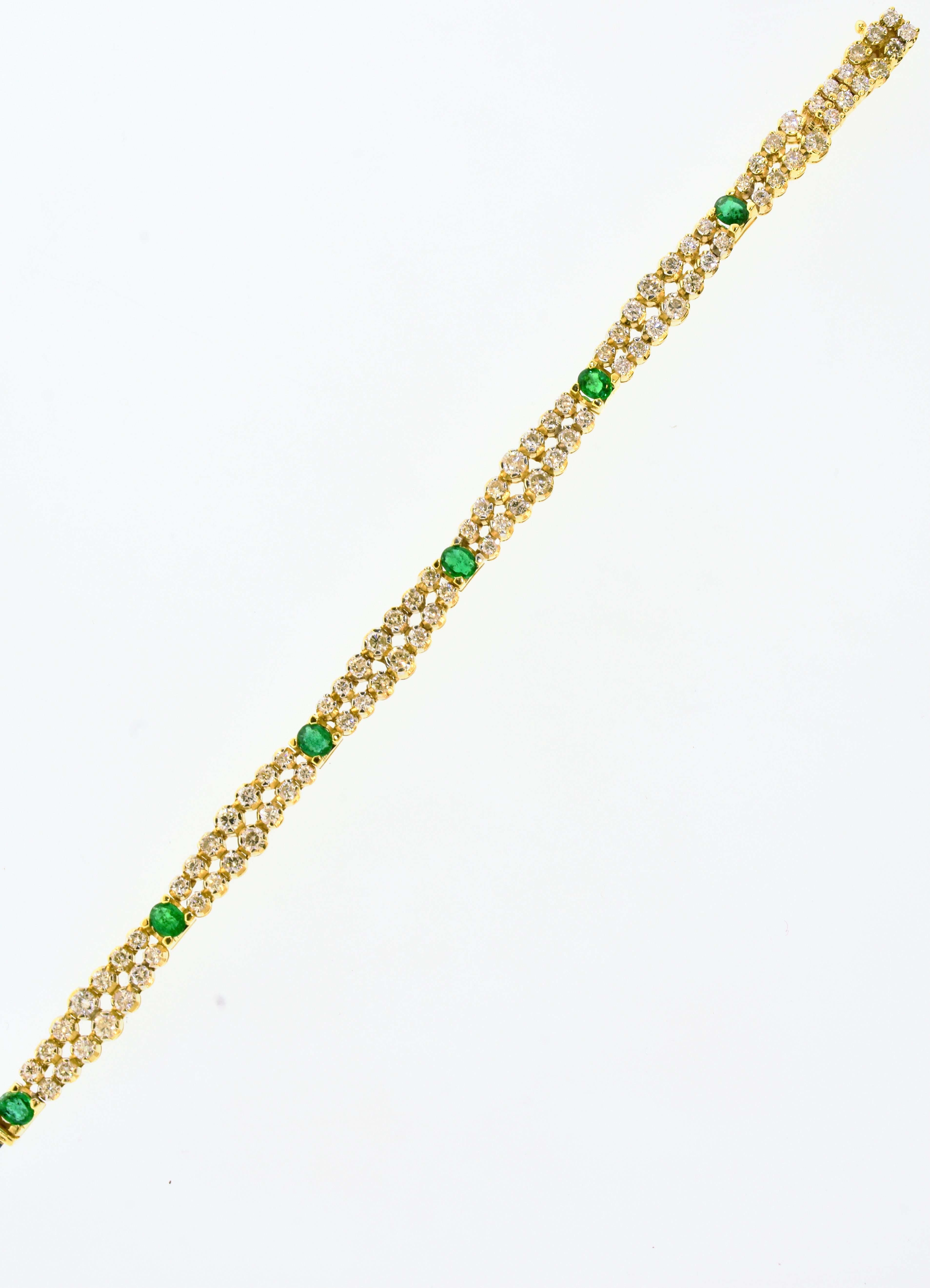 Gold, Diamond and Emerald Fine Double Row Contemporary Bracelet For Sale 1