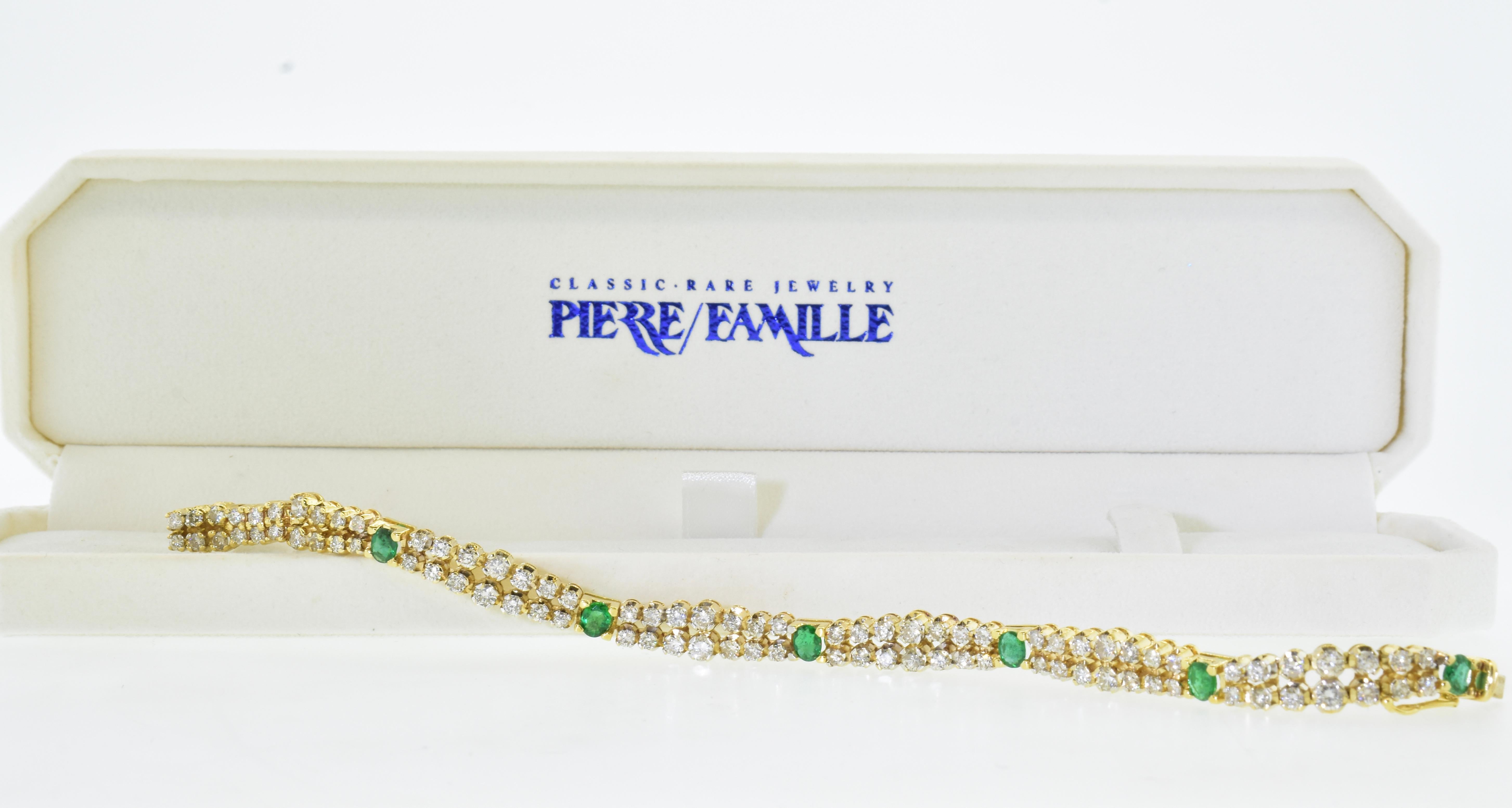 Gold, Diamond and Emerald Fine Double Row Contemporary Bracelet For Sale 3