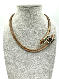 14K Gold Snake Choker/Bracelet with Emeralds and Rose-Cut Diamonds