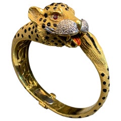 Vintage Gold Diamond and Enamel Leopard Bangle