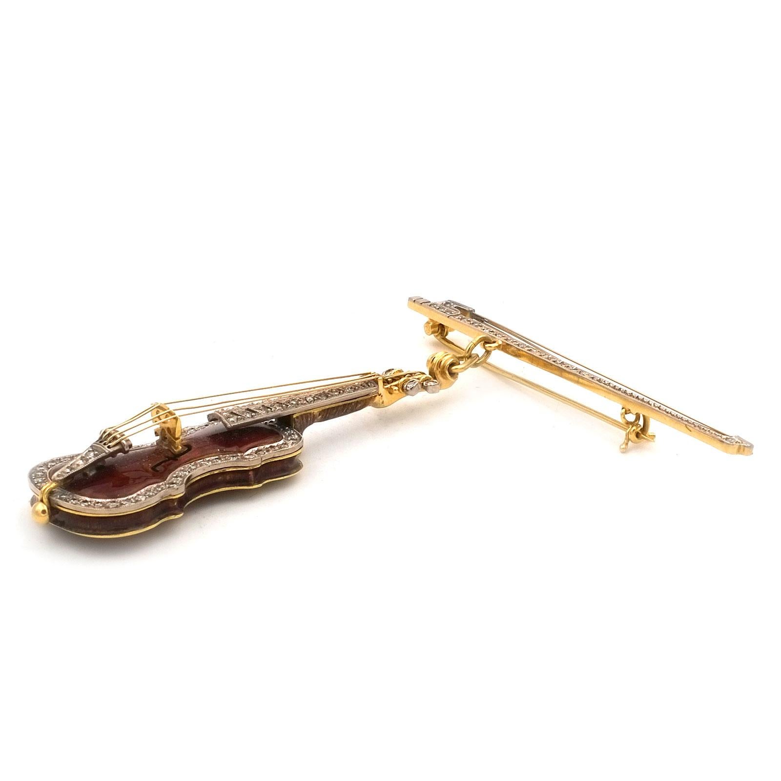 Old European Cut Gold Diamond and Enamel Stradivari Violin and Bow Brooch, circa 1930 For Sale