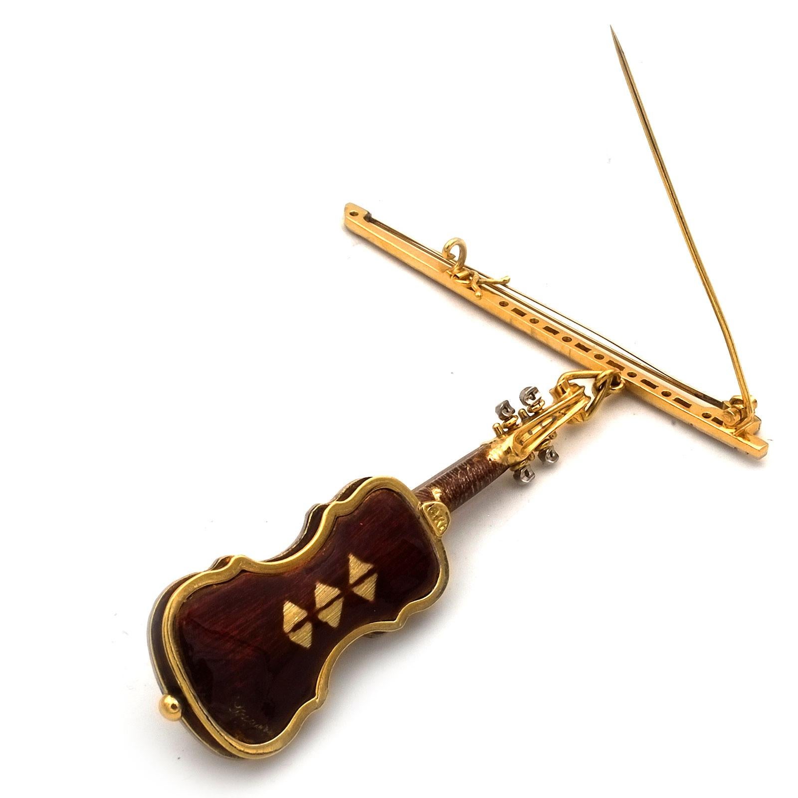Women's Gold Diamond and Enamel Stradivari Violin and Bow Brooch, circa 1930 For Sale