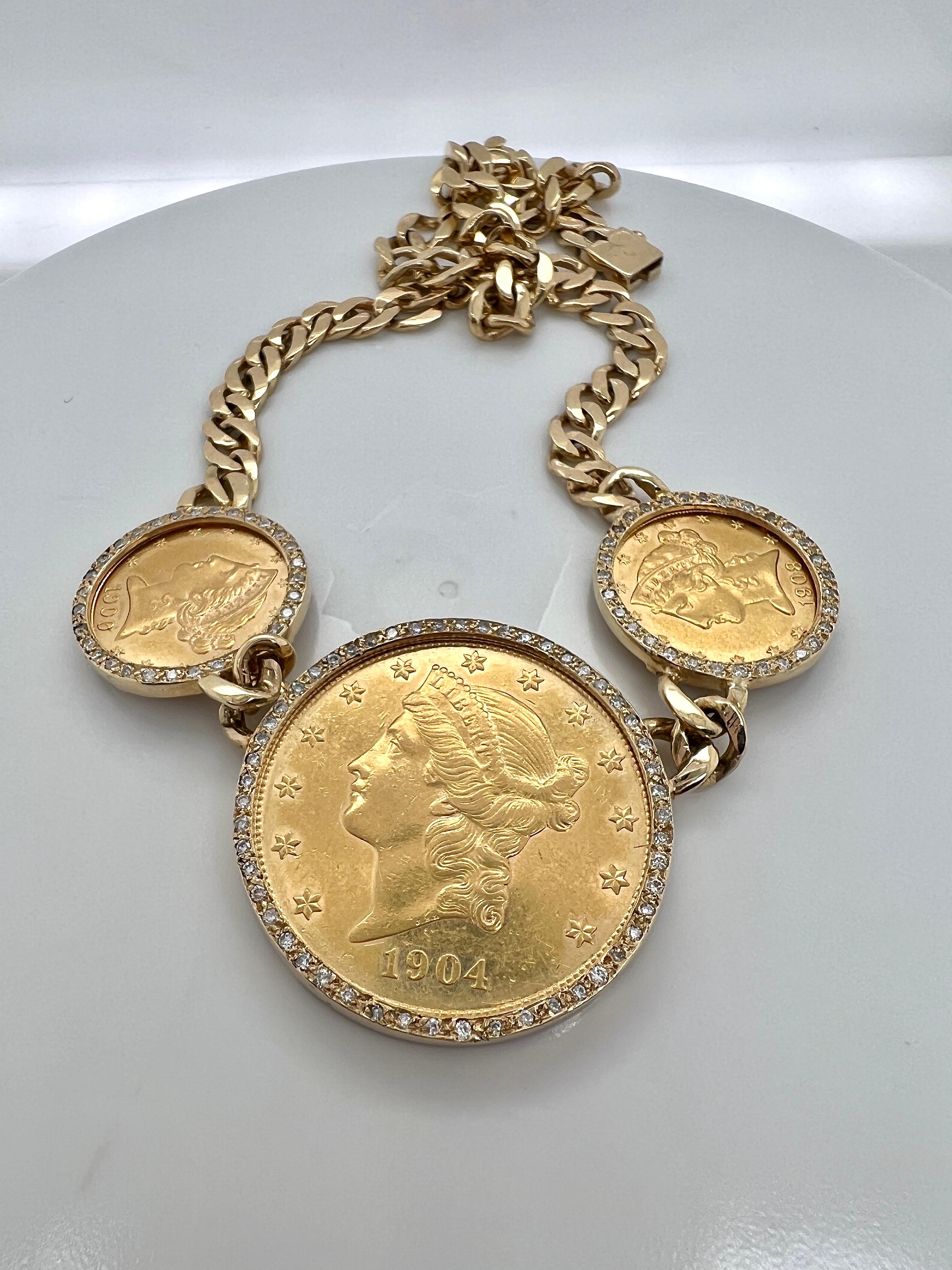 Taille brillant Collier en or, diamants et pièces de monnaie en or en vente
