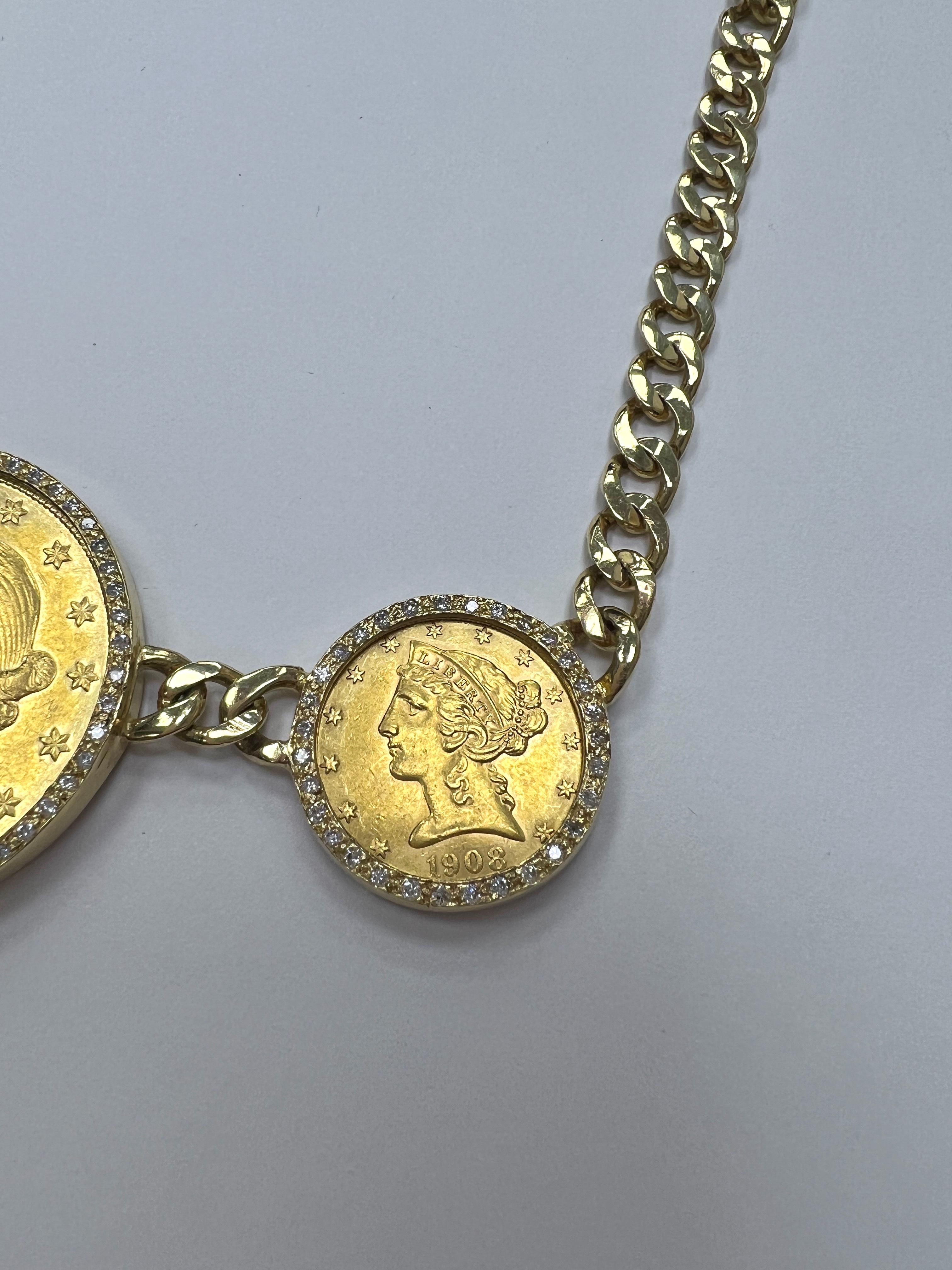 Collier en or, diamants et pièces de monnaie en or Pour femmes en vente