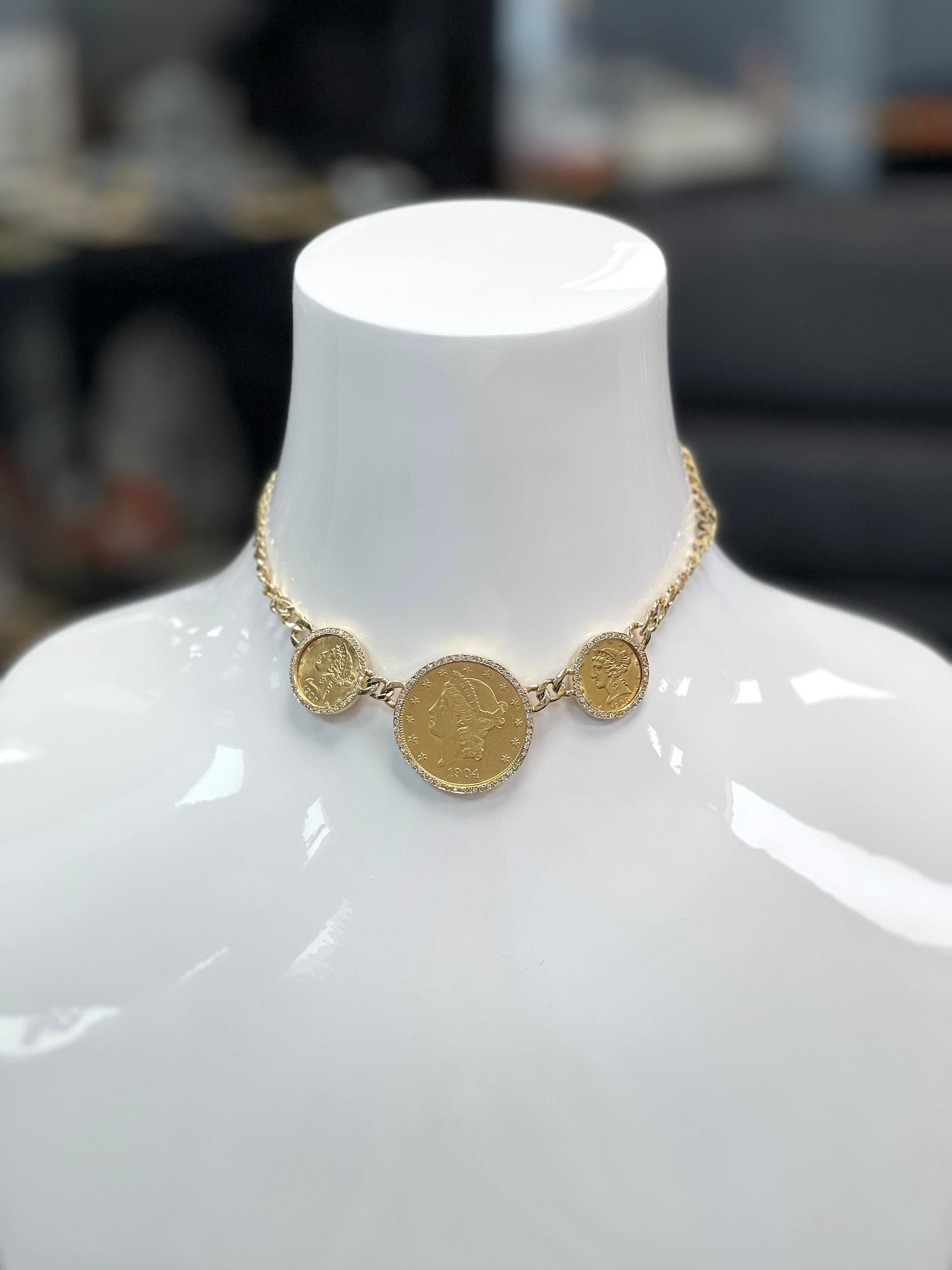 Collier en or, diamants et pièces de monnaie en or en vente 3