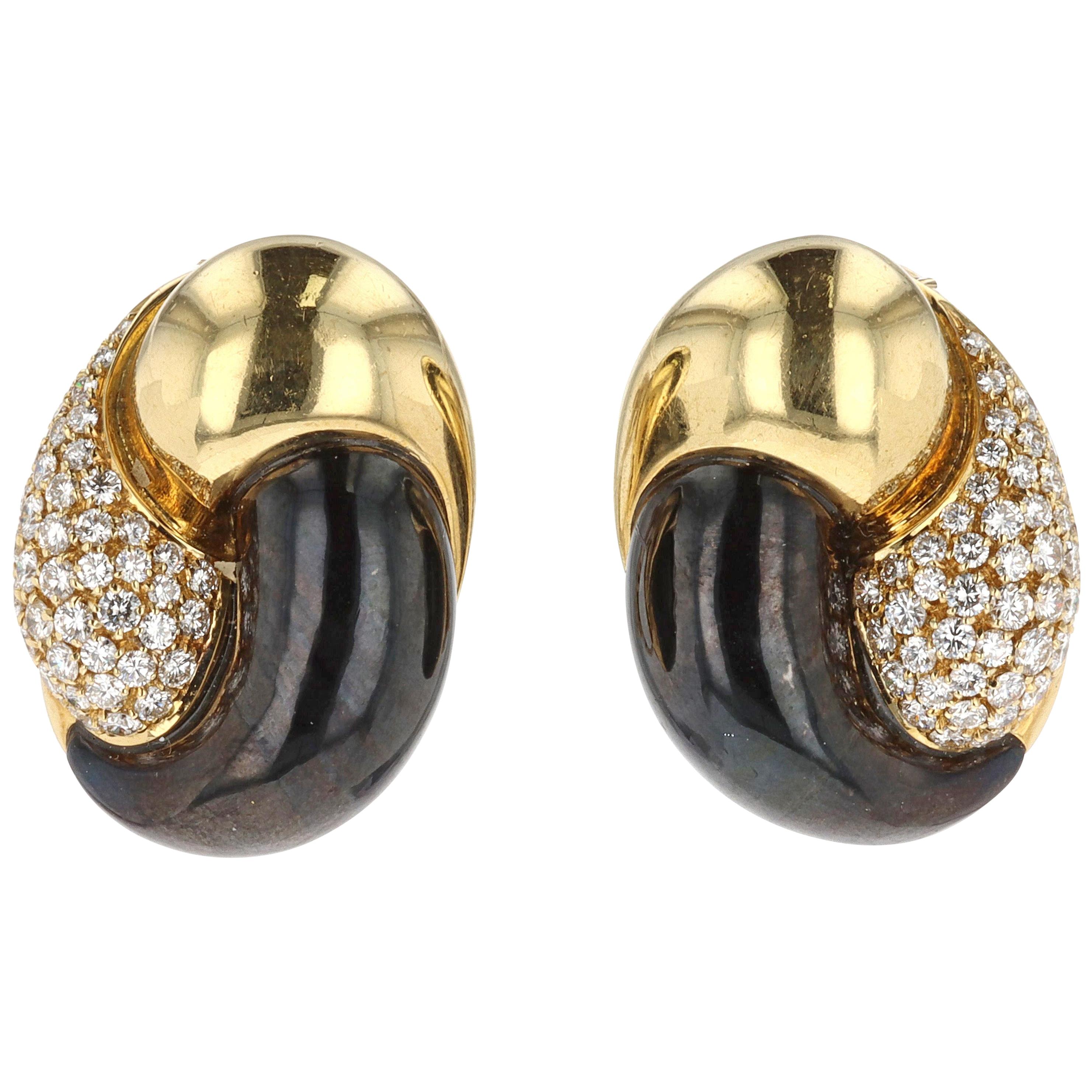 Gold, Diamond, and Hematite Swirl Motif Earrings For Sale