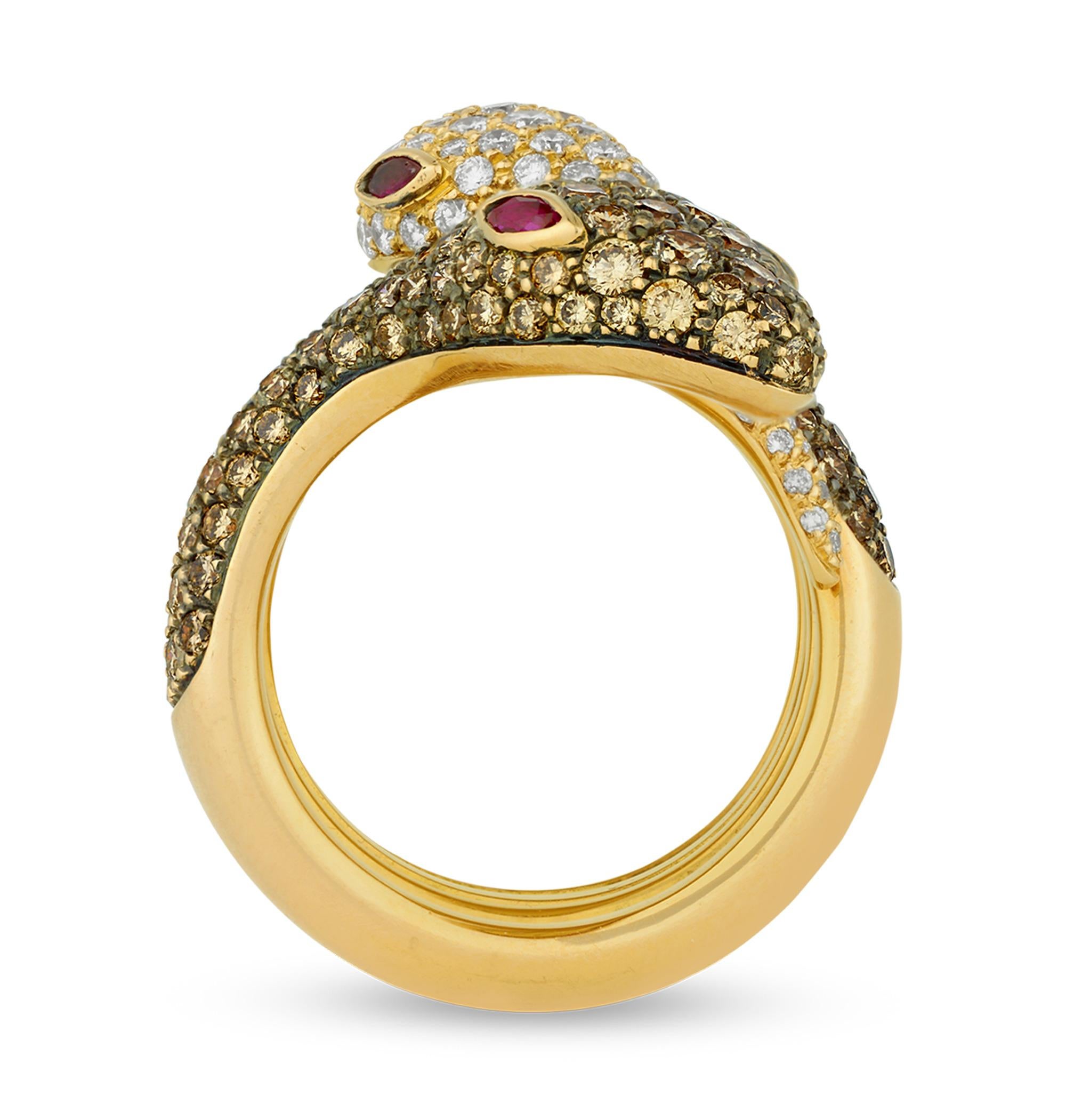 Modern Gold, Diamond And Ruby Snake Ring For Sale