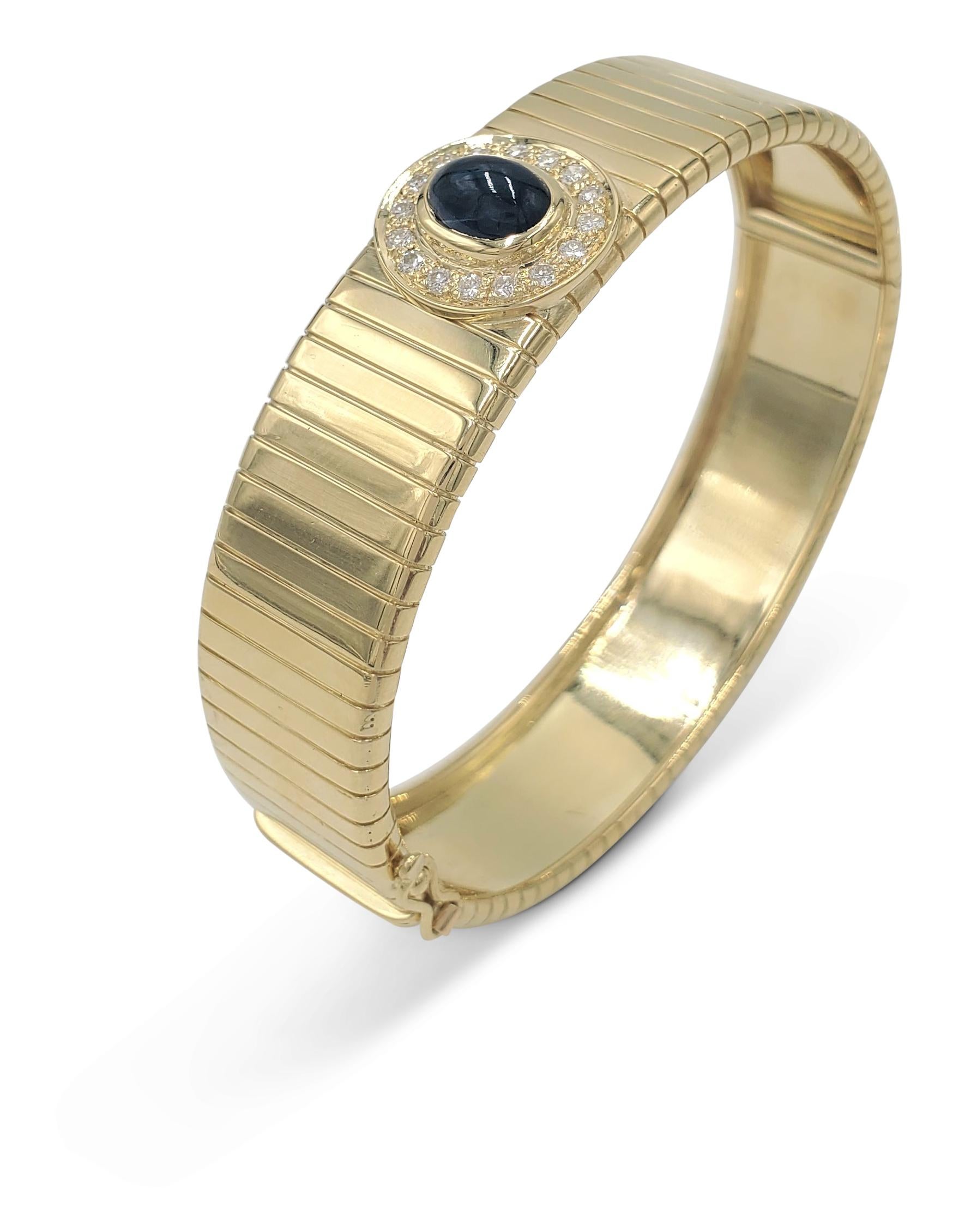 Round Cut Gold Diamond and Sapphire Bangle, Signed Soler Cabot, Faberge