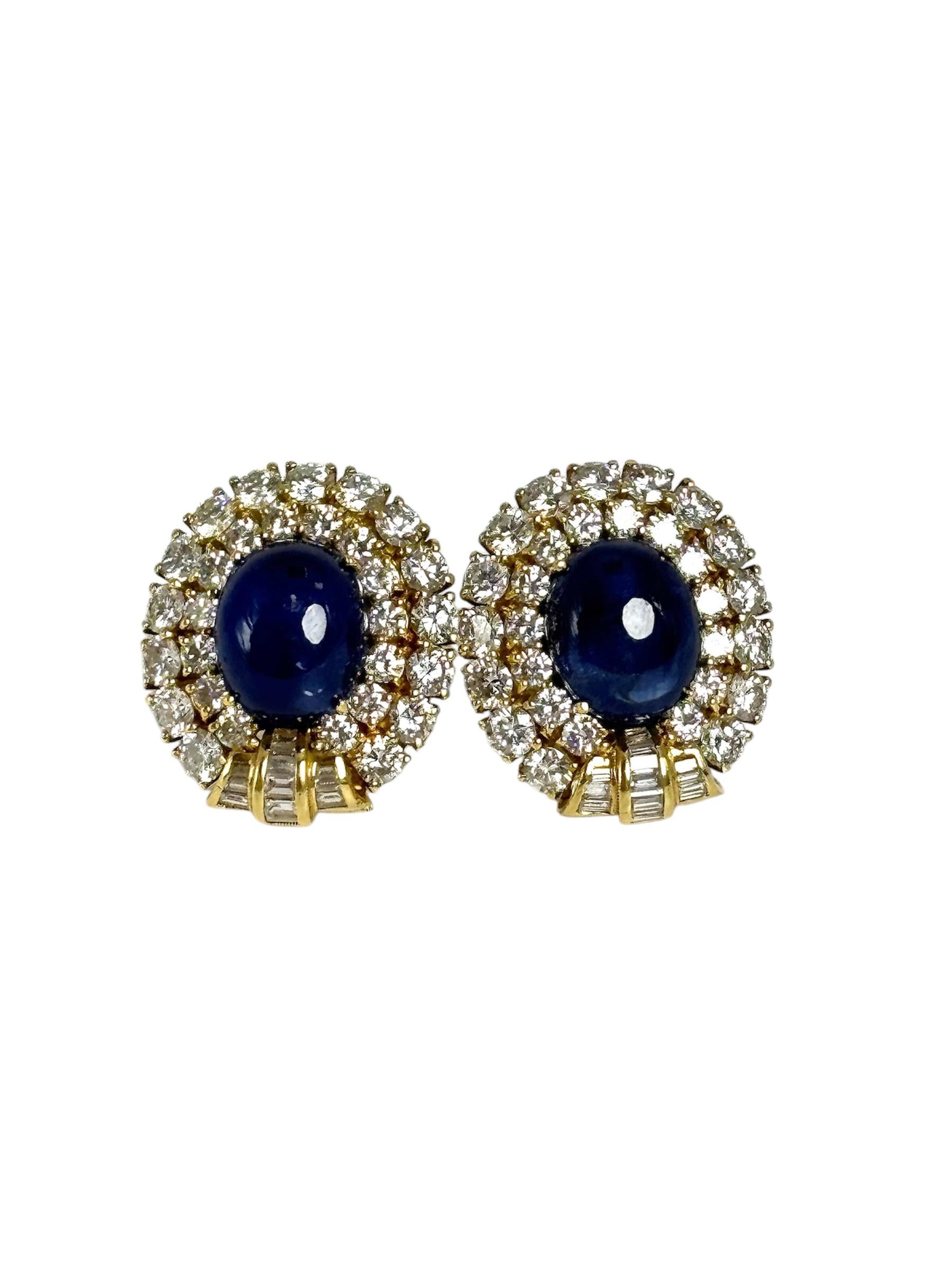18 Karat Gelbgold Diamant und Cabochon-Saphir Clips/Ohrringe Damen im Angebot