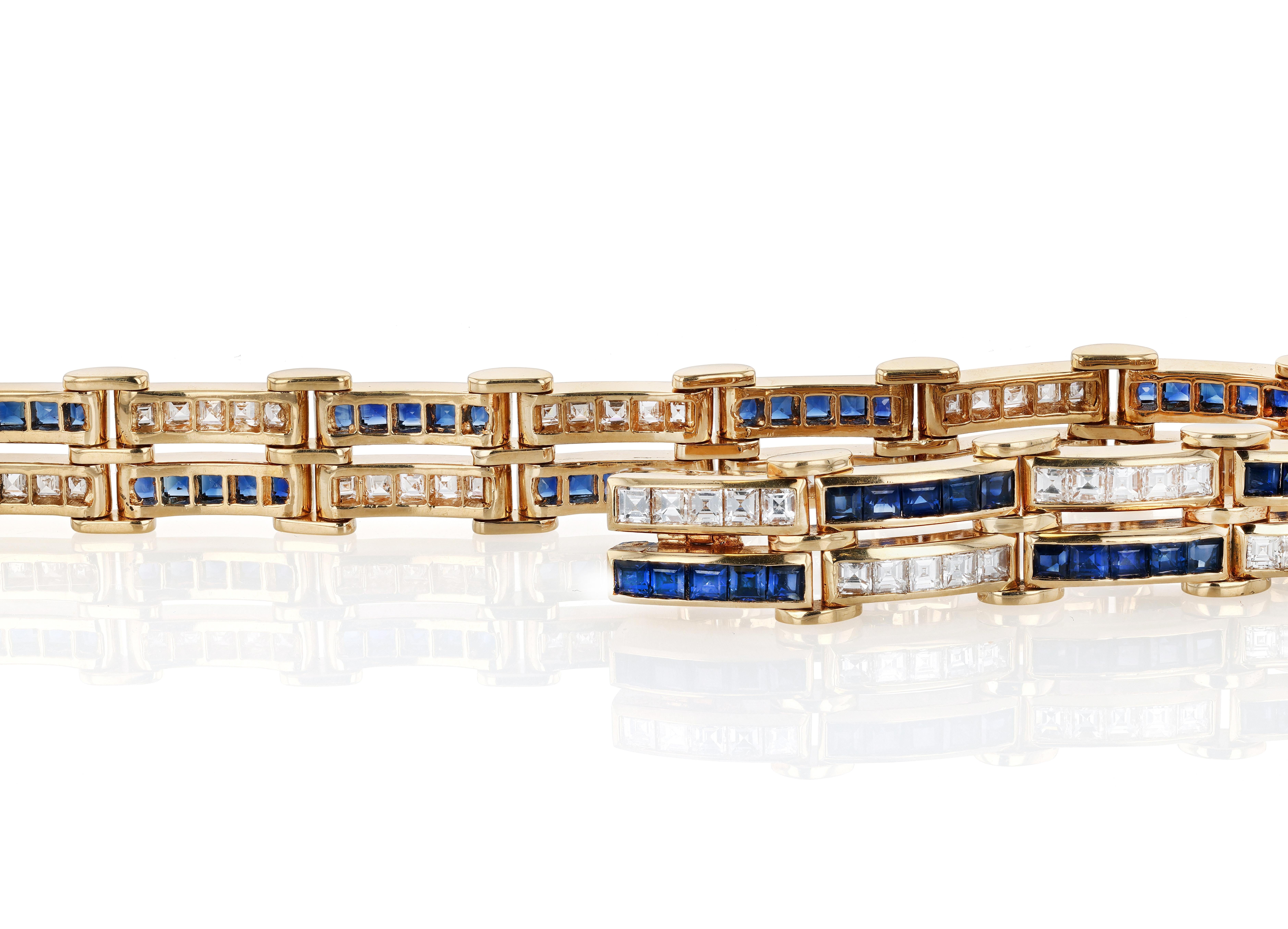 Moderne Bracelet à maillons en or, diamants et saphir en vente