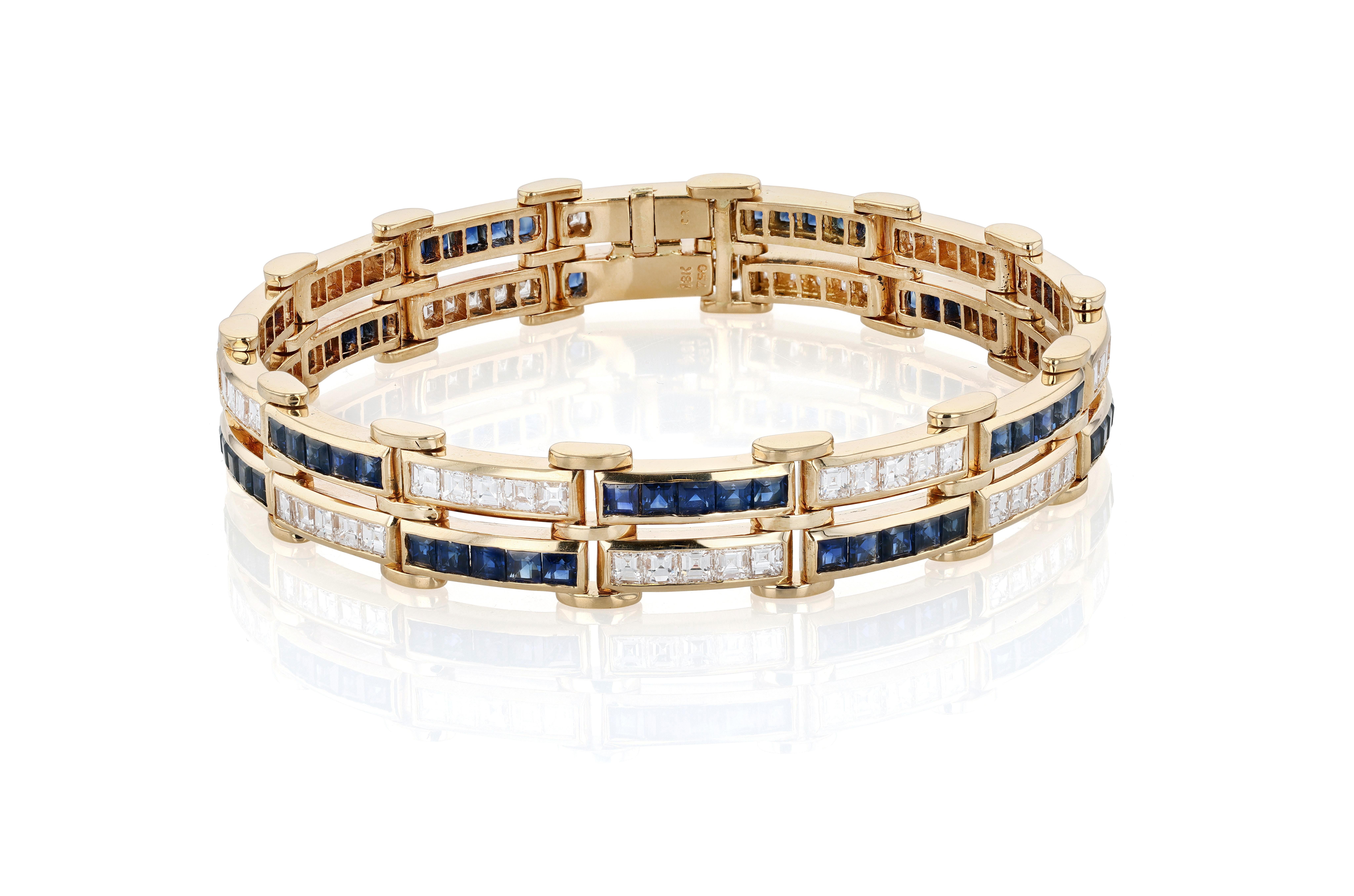 Taille carrée Bracelet à maillons en or, diamants et saphir en vente