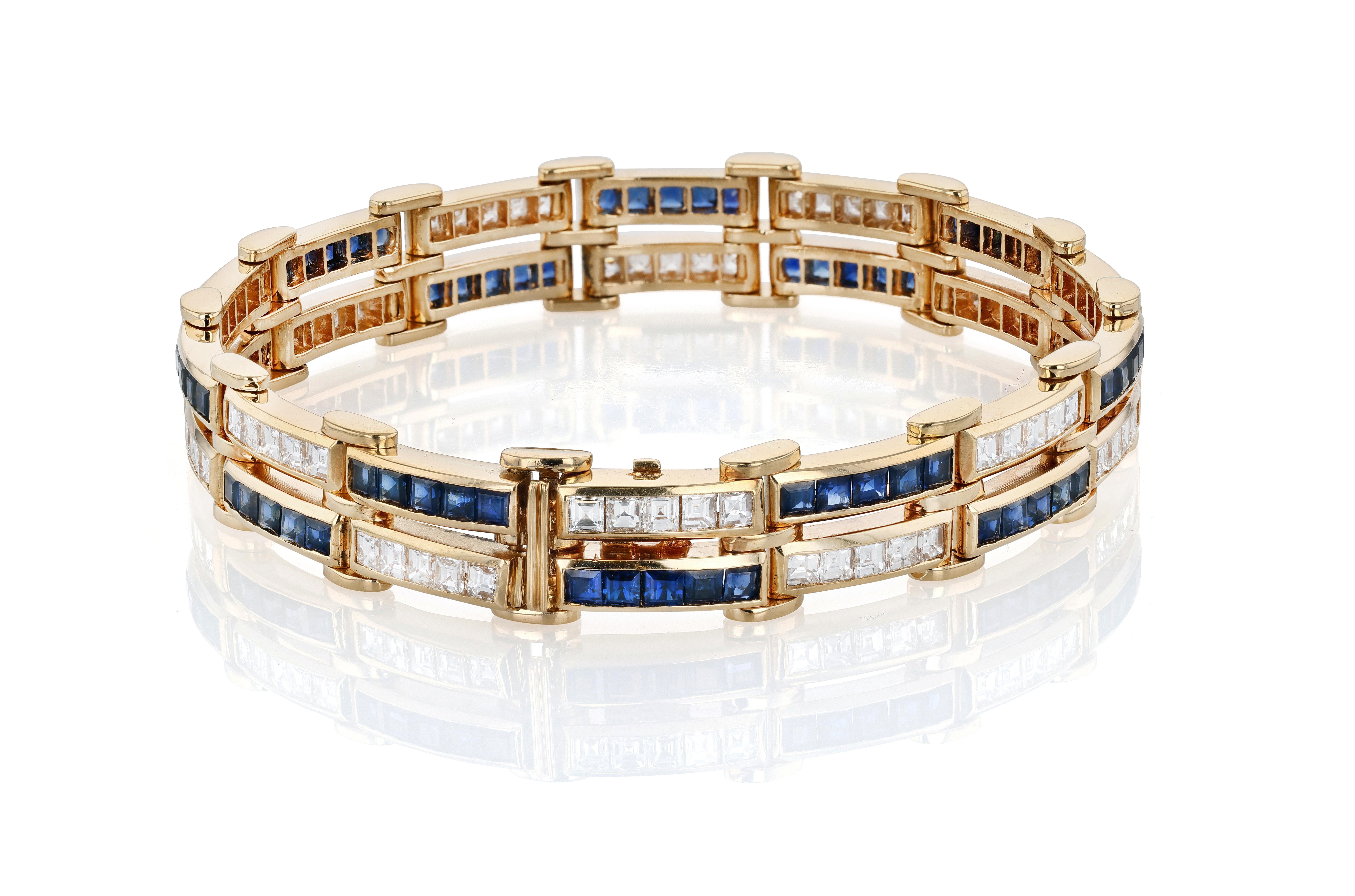 Bracelet à maillons en or, diamants et saphir Excellent état - En vente à Princeton, NJ