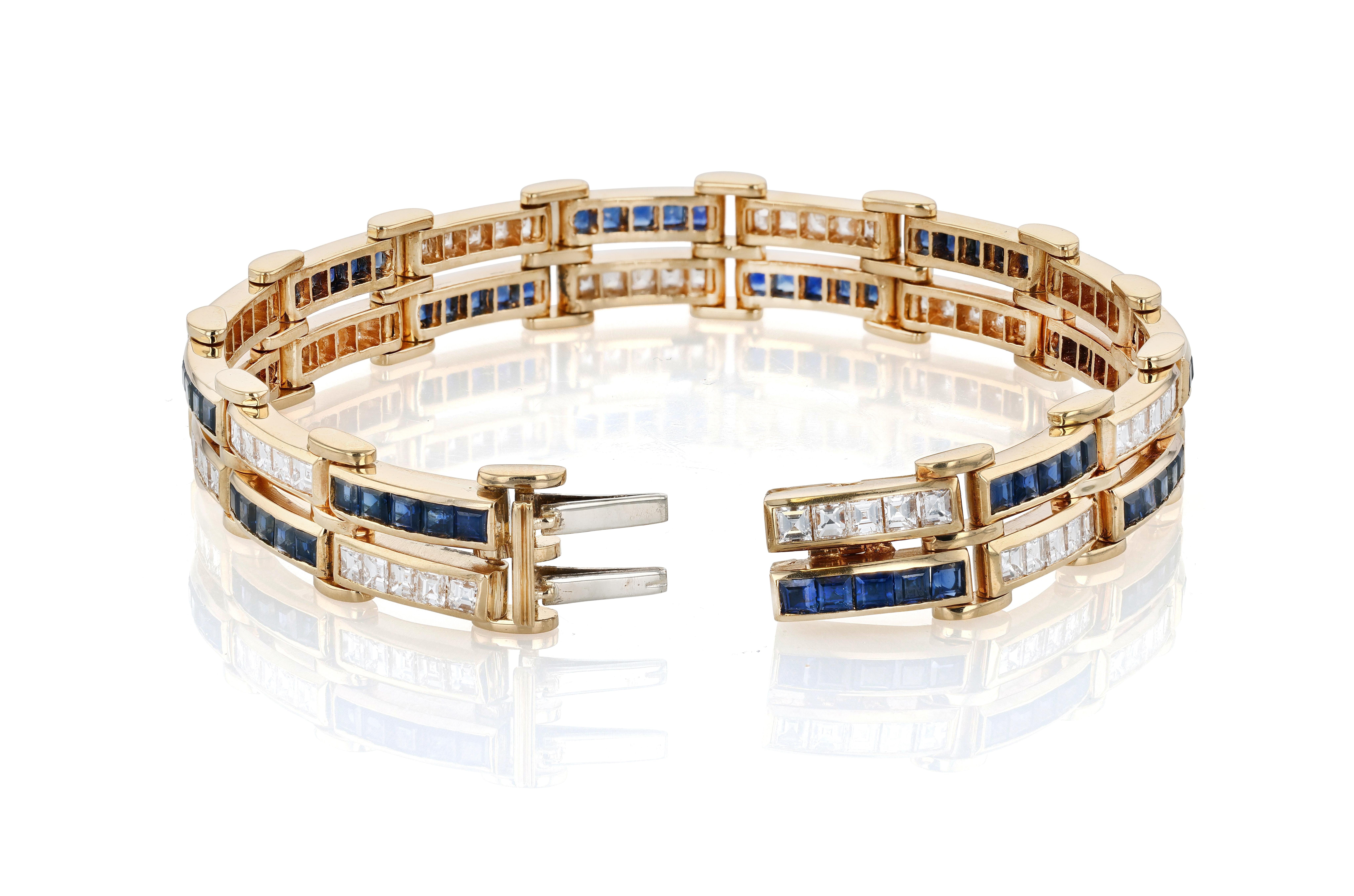 Bracelet à maillons en or, diamants et saphir Unisexe en vente